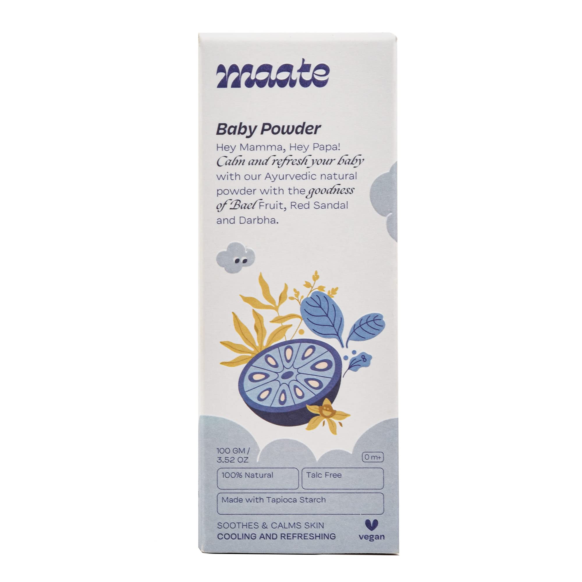 MAATE Talc-Free Natural Ayurvedic Baby Powder (100g) - Enriched with Bael Powder, Darbha, Rose Petals & Hibiscus for Soothing & Moisturizing Baby's Skin | Gentle Diaper Rash Prevention & Daily Care for Newborns & Infants