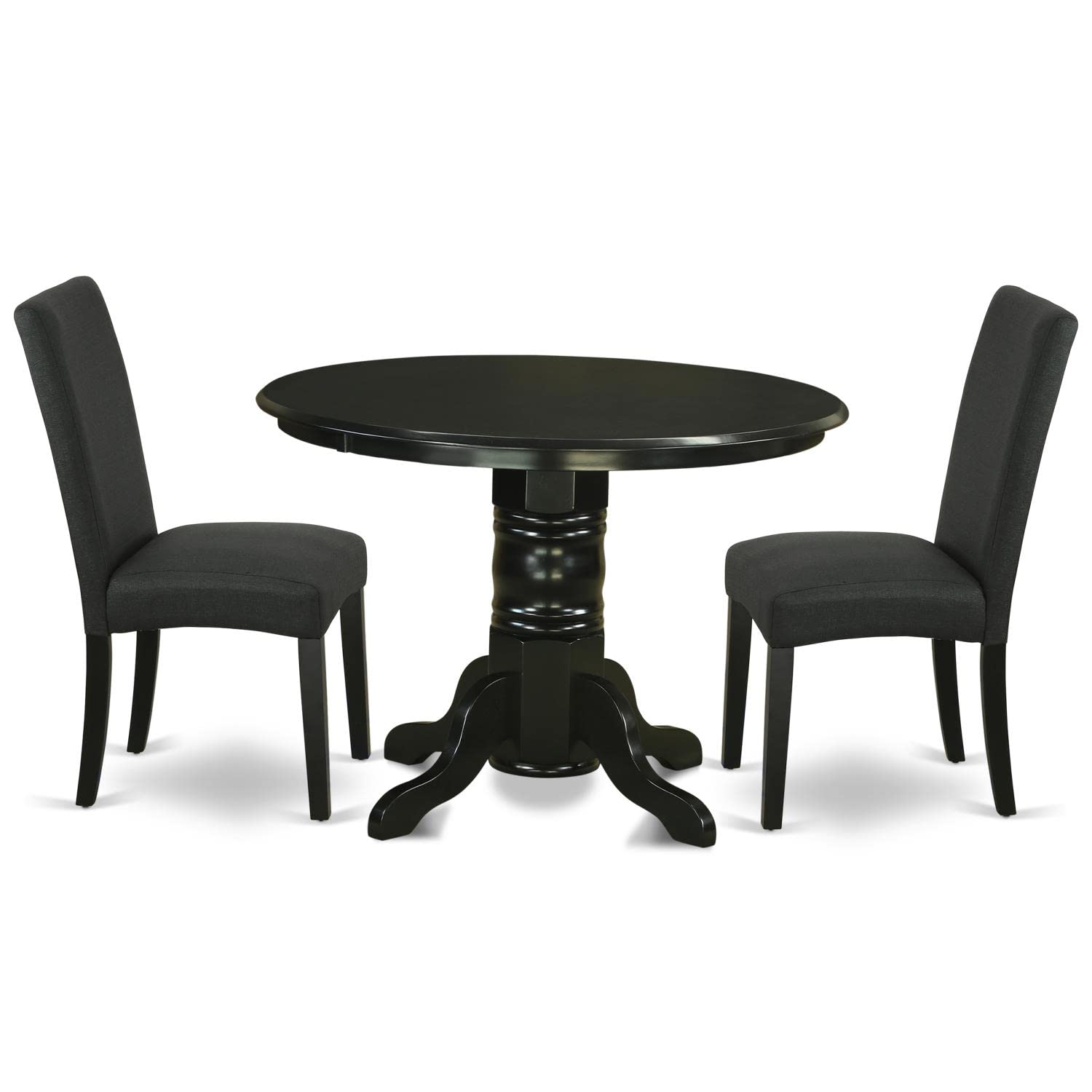 East West Furniture 3-Piece Kitchen Table Set with Round Pedestal Dining Table & 2 Black Linen Upholstered Chairs, 42x42 Inch - Perfect for Small Spaces, Breakfast Nooks & Cozy Dining Areas