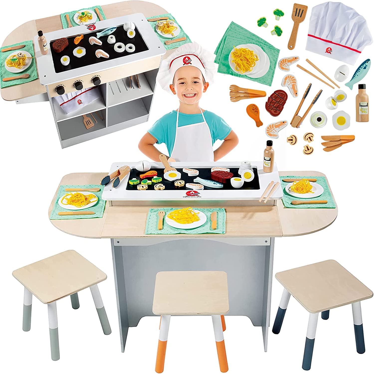**Premium Hibachi Grill Wooden Kids Playset with Stools, Table Settings & 25+ Toy Food Pieces - Noodles, Tongs, Meats, Veggies - Complete Pretend Play Kitchen for Little Chefs - Indoor Japanese Restaurant Stand for Imaginative Play & Role-Playing Fun**