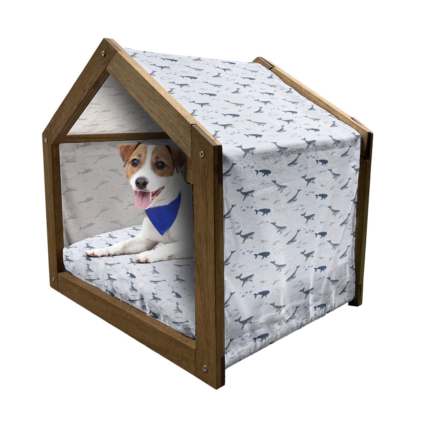 Ambesonne Wooden Pet House - Nautical Summer Marine Theme with Whales & Fishes, Indoor & Outdoor Portable Dog Kennel with Pillow & Cover, Large Size, Pastel Purple & Multicolor - Perfect for Beach Houses, Backyards & Pet-Friendly Spaces