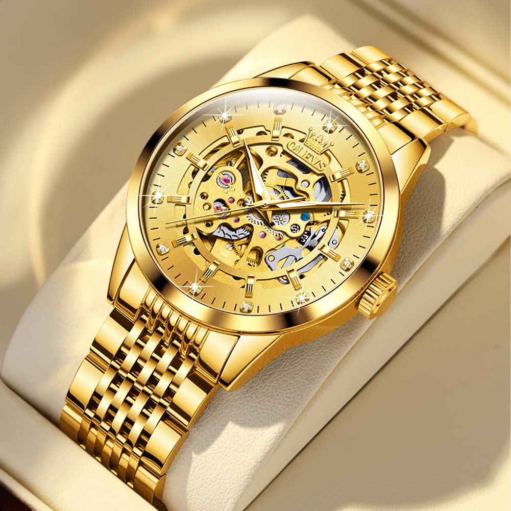 OLEVS Automatic Skeleton Watches for Men - Luxury Mechanical Gold Wristwatch with Diamond Accents, Stainless Steel Case, Waterproof & Luminous - Perfect for Business, Formal Events & Everyday Wear