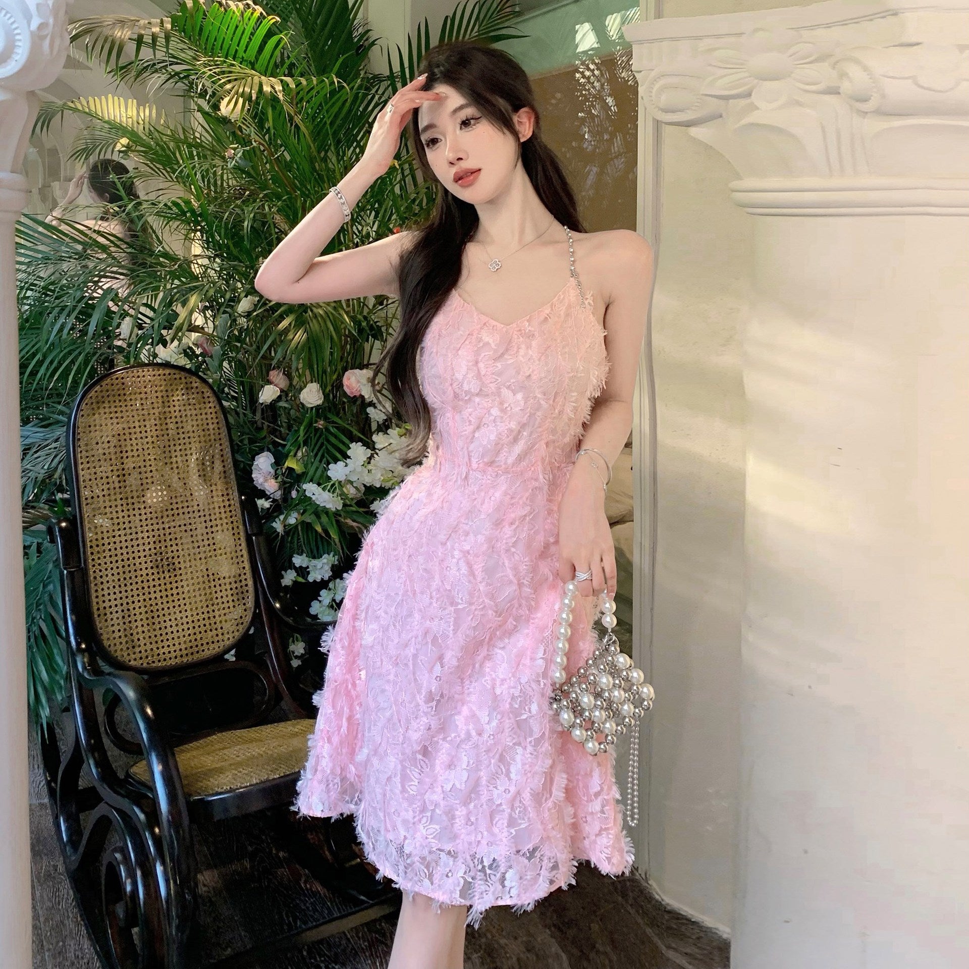 Elegant French Pink Feather Tassel Spaghetti Strap Dress - Summer Party, Wedding Guest, Cocktail Night Out Fashion for Women
