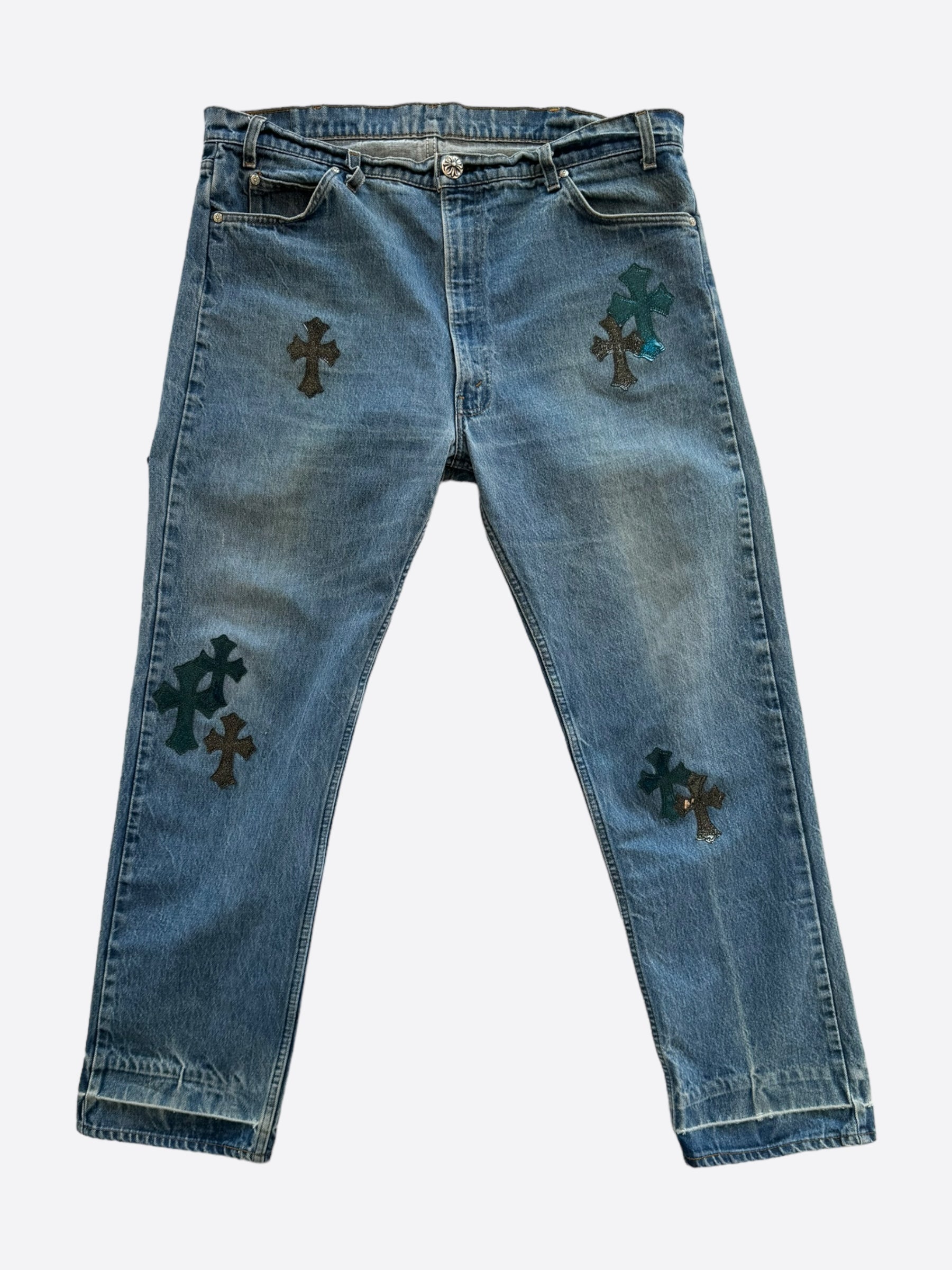 Chrome Hearts x Levi's St. Barth Blue Galaxy Patch Distressed Denim Jeans for Men - Vintage Designer Jeans with Unique Patches for Casual Wear & Street Style