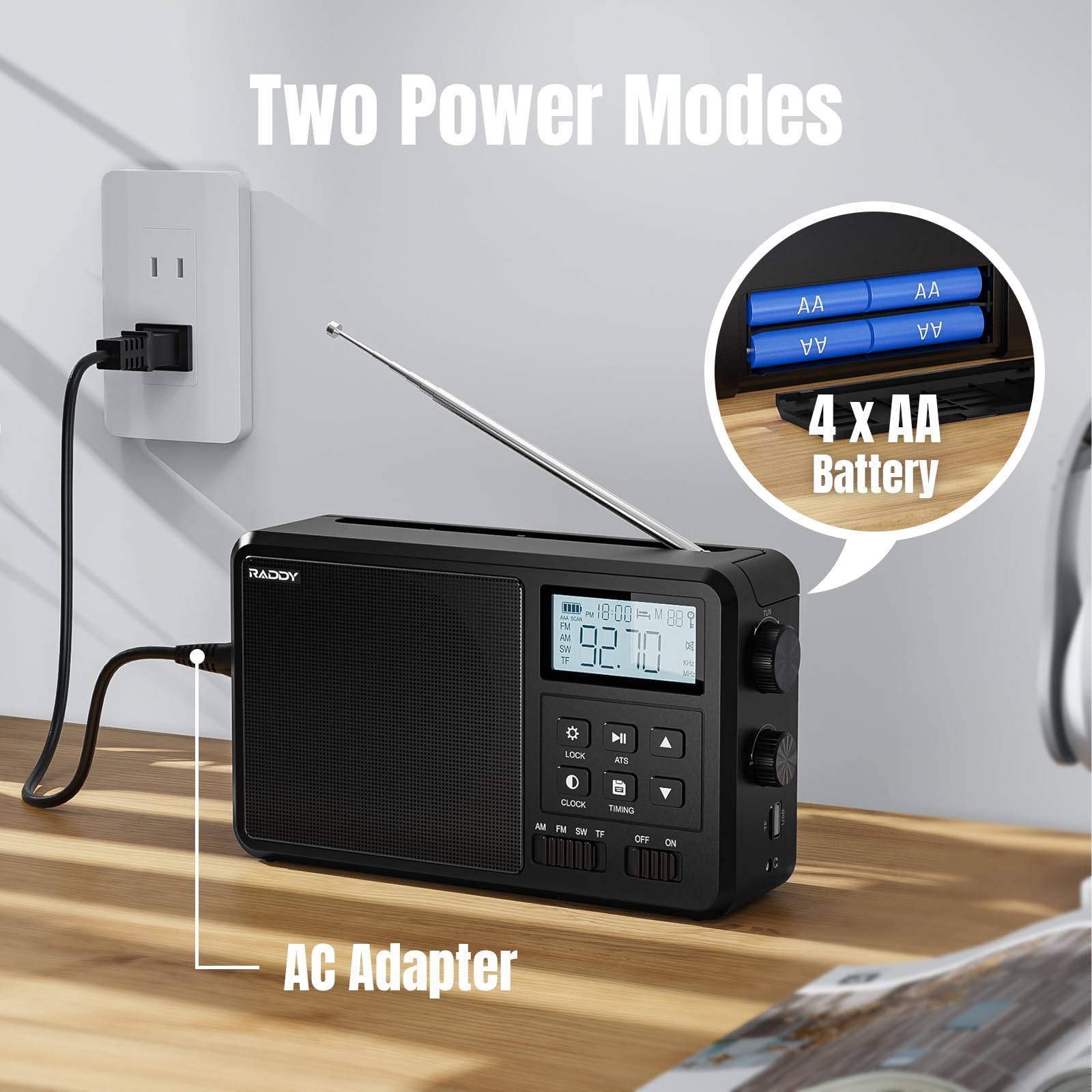 Raddy RF206 Portable Shortwave Digital Radio with AM/FM Receiver, 8W Speaker, LCD Screen, BT/TF Card/USB Playback, AC/AA Battery Powered - Ideal for Home Use, Emergency Preparedness, and Outdoor Adventures