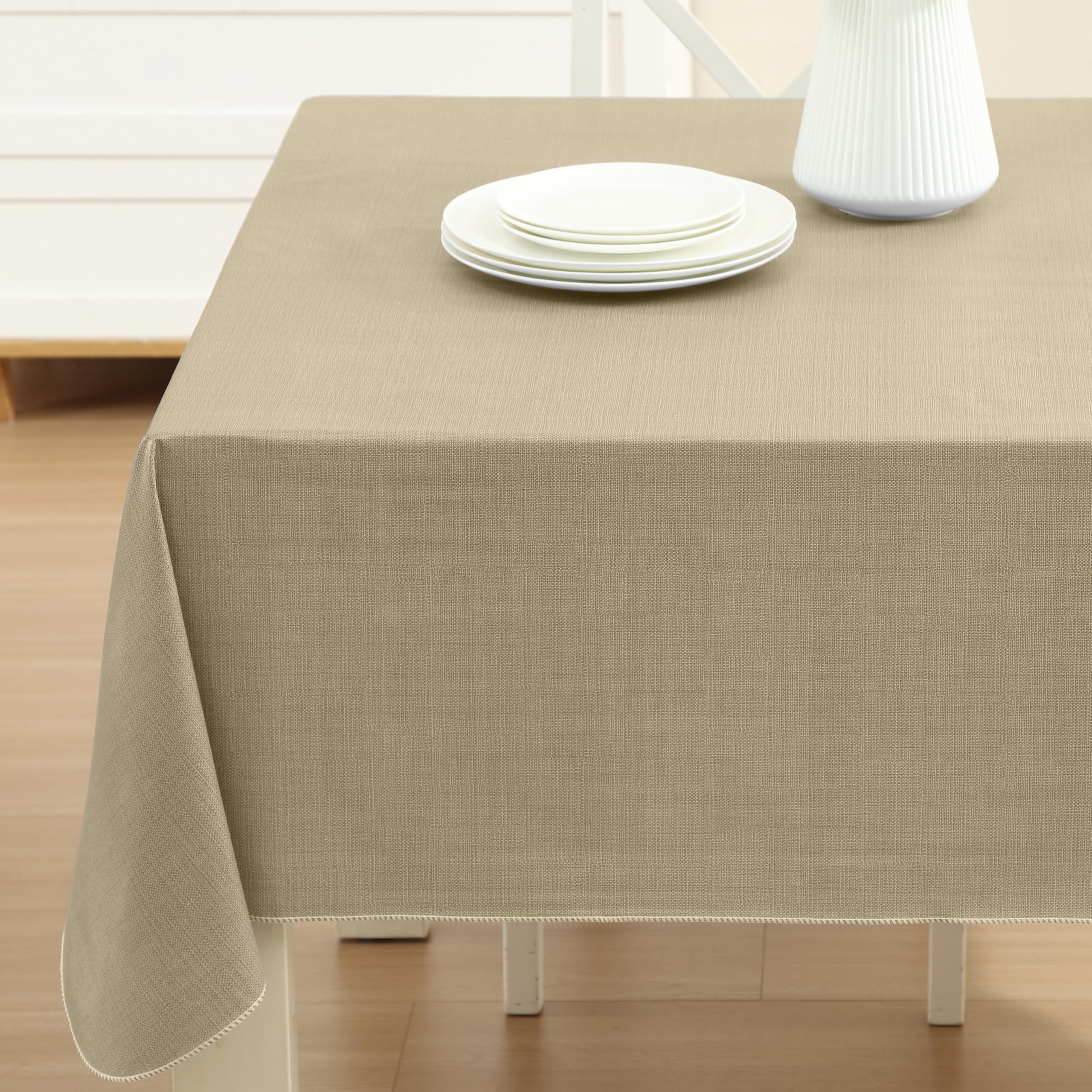 Premium Heavy 4-Gauge Vinyl Flannel Backed Tablecloth - Sand Color, 52x70 Inch Rectangle, Waterproof & Wipe Clean for Indoor/Outdoor Use - Perfect for Restaurants, Cafes, Hotels, and Home Dining Decor