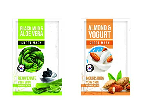 ELIIOUS Black Mud & Aloe Vera Sheet Mask with Almond & Yogurt - Hydrating & Nourishing Facial Mask for Glowing Skin (22ml Each, Pack of 2) - Perfect for Spa Night, Self-Care Routine & Skin Rejuvenation