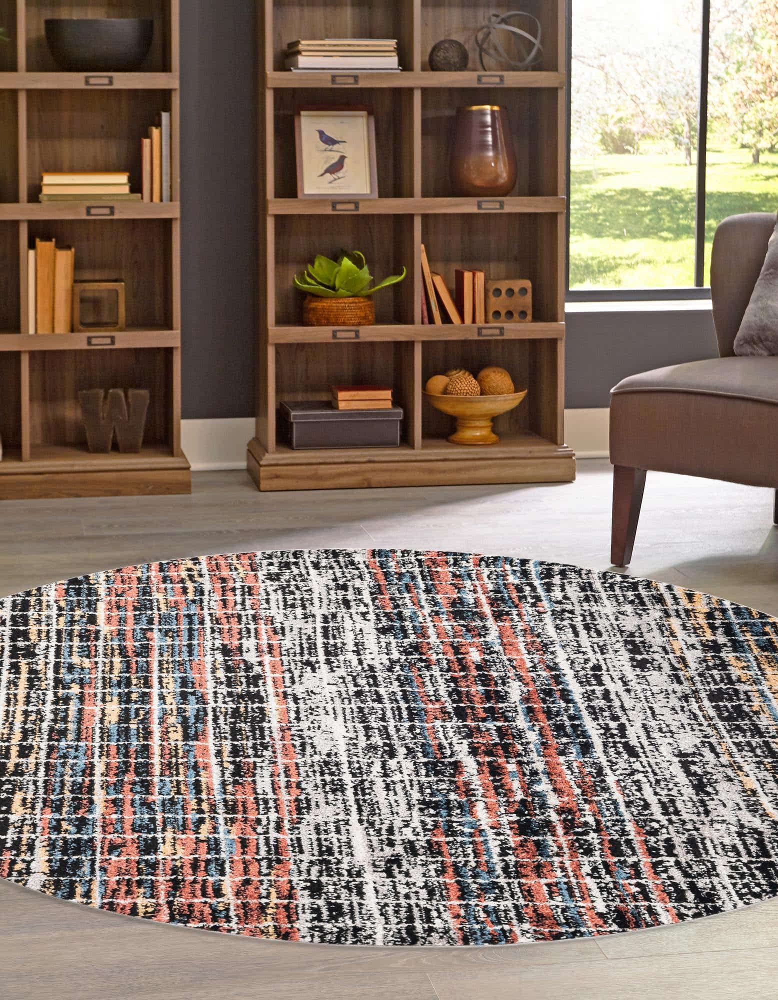 Unique Loom Aramis Collection Area Rug - Oliver (Round 10' x 10', Multi/Black) | Soft & Durable Handmade Rug for Living Room, Bedroom, or Office Decor
