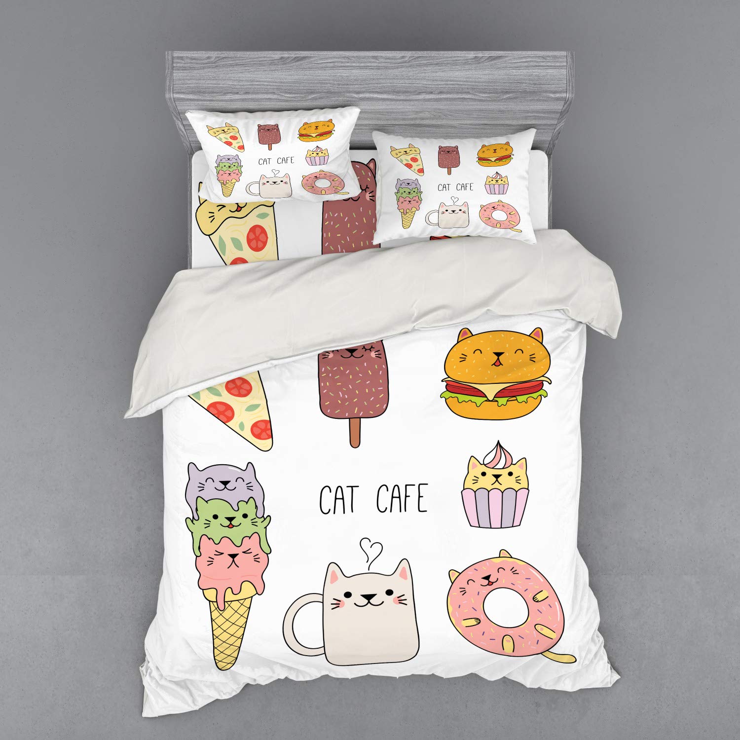 **Ambesonne Cartoon Cat Cafe Bedding Set - Hand Drawn Food Illustration with Pizza, Ice Cream & Cupcakes - 4 Piece Duvet Cover Set with Shams & Fitted Sheet - Queen Size, Multicolor - Perfect for Kids' Rooms, Themed Bedrooms & Gift Ideas**