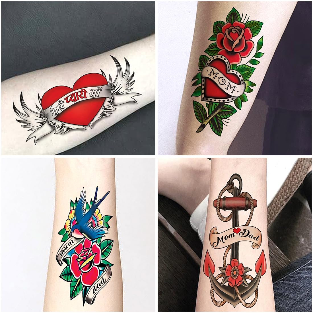 Waterproof Temporary Tattoo - Mom With Heart & Wings Combo (Pack of 4) | Long Lasting Fake Tattoos for Mother's Day, Women's Events & Body Art