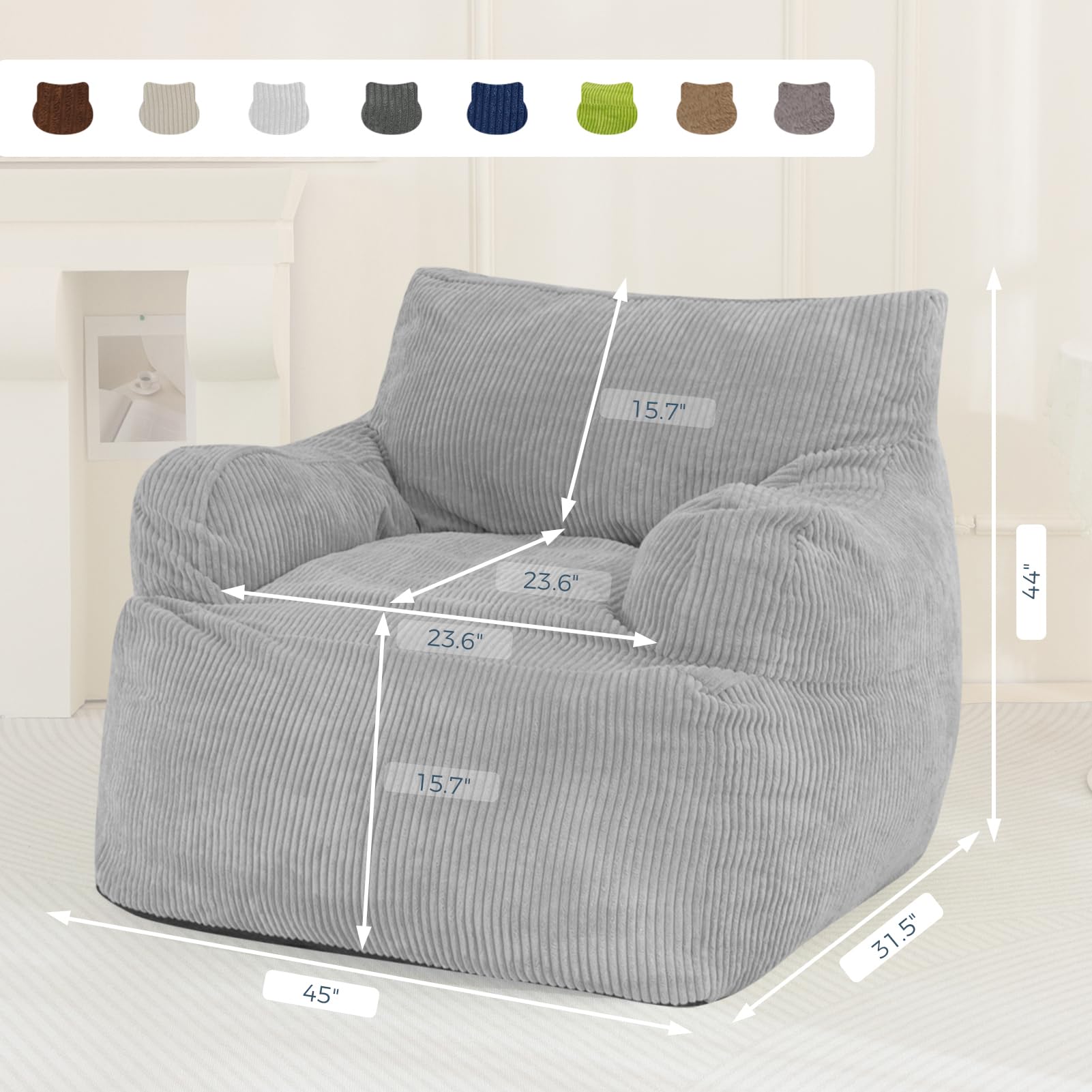 MAXYOYO Giant Bean Bag Chair - Oversized Stuffed Bean Bag Couch for Living Room, Bedroom & Game Room - Ultra Soft Grey Memory Foam Lounger - Perfect for Relaxing, Gaming & Movie Nights