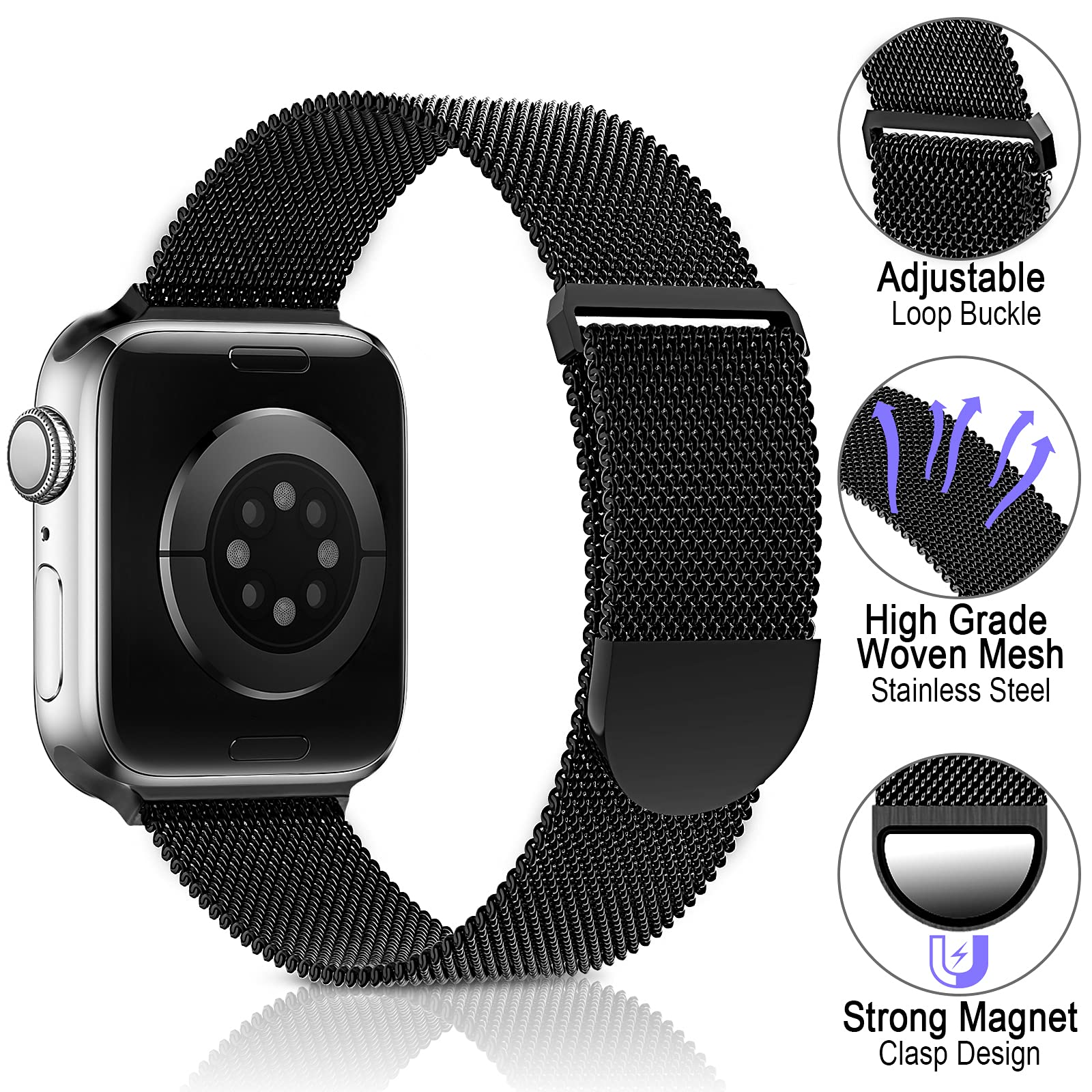 Sunnywoo Milanese Loop Stainless Steel Band for Apple Watch 38mm 40mm 41mm 42mm 44mm 45mm 46mm 49mm - Compatible with Series 10/9/8/7/6/SE/5/4/3/2/1/Ultra - Adjustable Magnetic Closure for Men & Women - Perfect for Workouts, Office & Everyday Wear