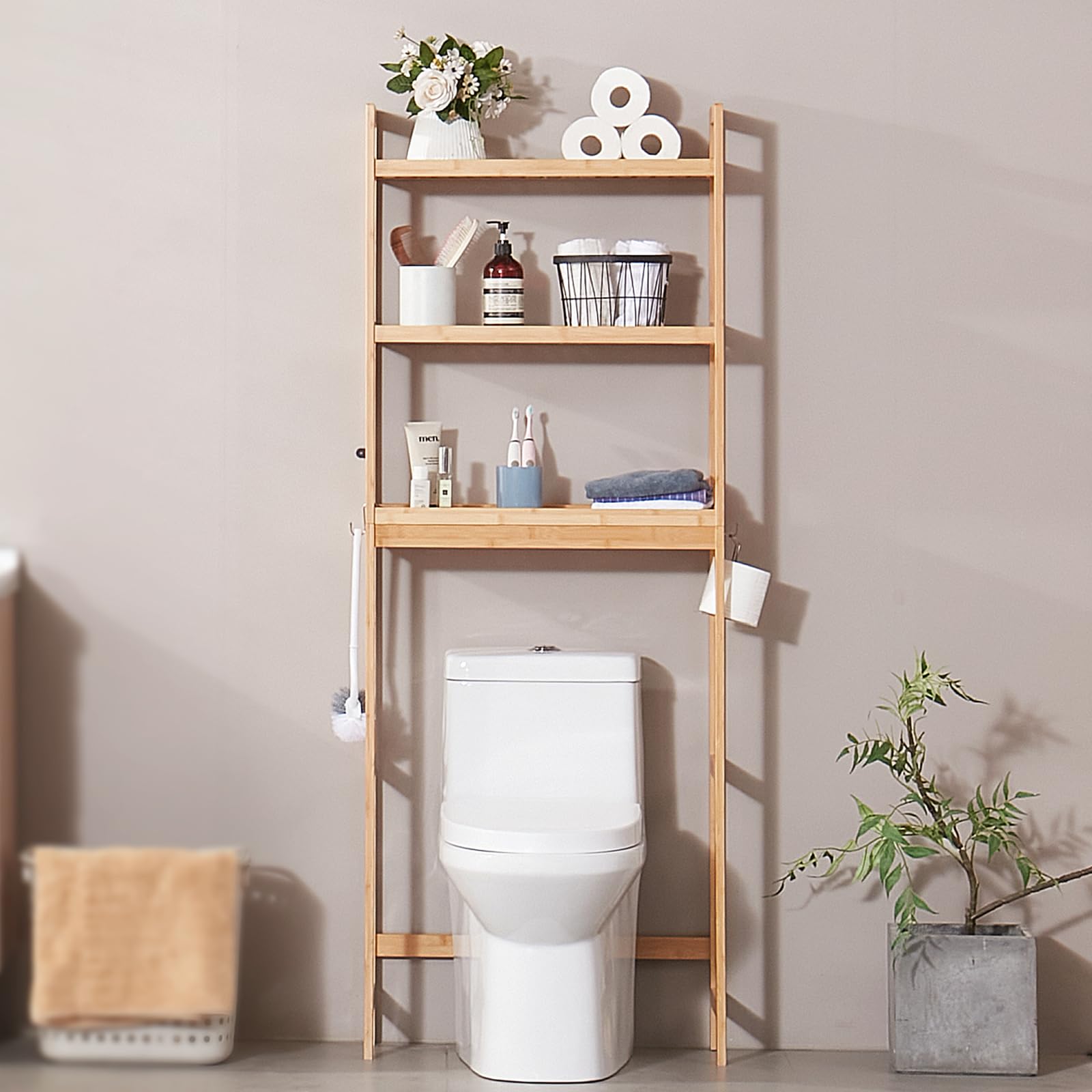 VEVOR 3-Tier Adjustable Over The Toilet Storage Shelf - Bamboo Bathroom Organizer with Hooks, Freestanding Space Saver for Towels, Toiletries & Laundry - Easy Assembly Fits Most Toilets - Perfect for Small Bathrooms & Apartments