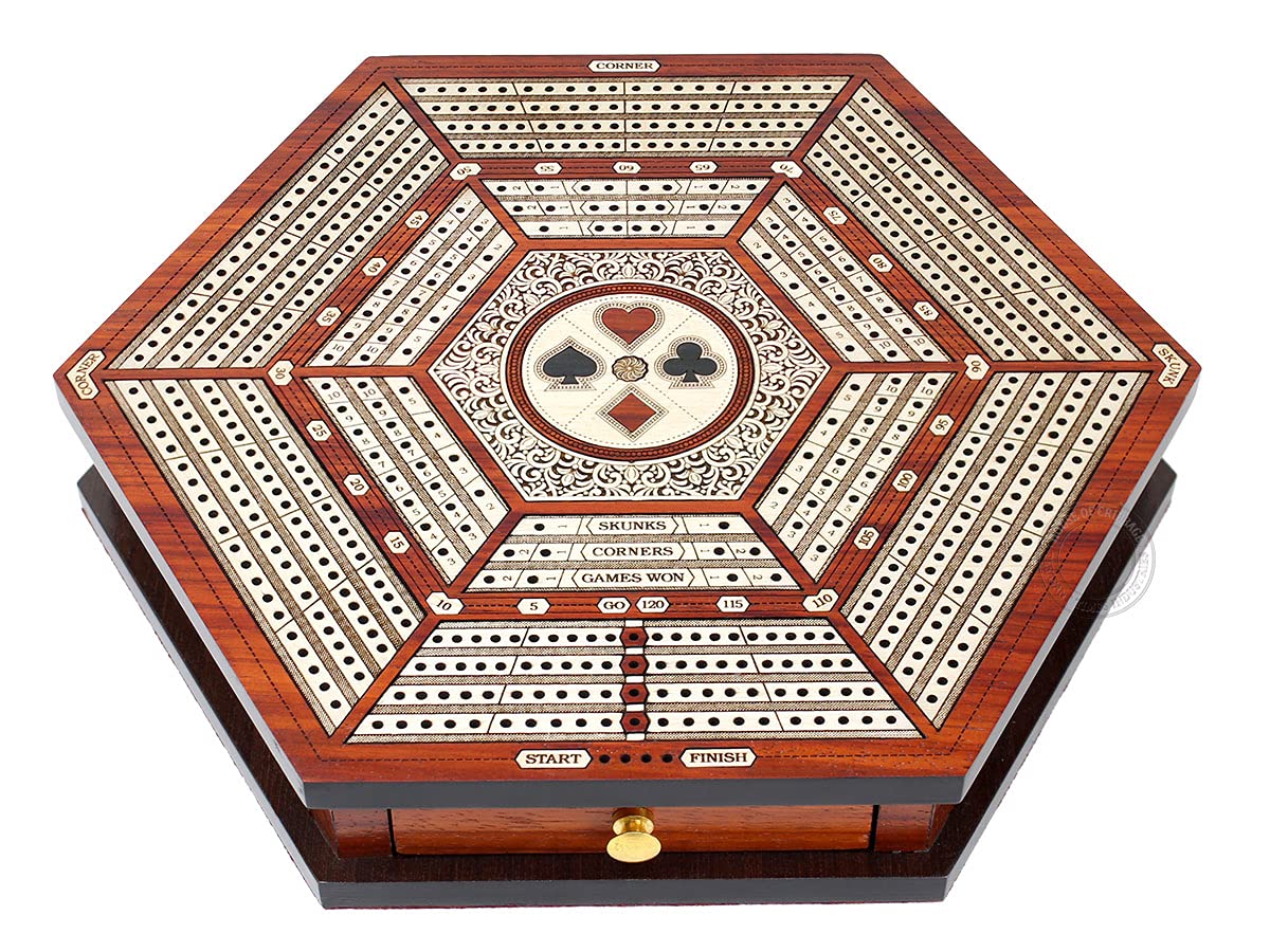 Premium Hexagonal Cribbage Board with 4 Continuous Tracks, Storage Drawer & Score Marking Fields - Blood Wood/White Maple - Perfect for Family Game Nights & Travel Entertainment