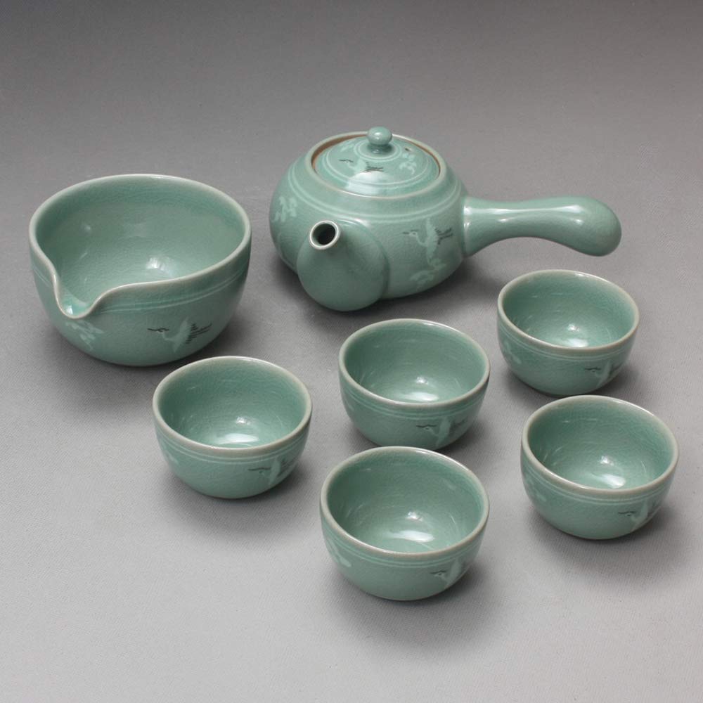 Korean Style Celadon Porcelain Tea Set - Crane & Cloud Design Ceramic Tea Ceremony Gift Set with 11.8oz (350ml) Side Handle Teapot, Cups, Pitcher & Cooling Bowl | Perfect for Japanese Tea Ceremony, Home Decor & Thoughtful Gifts