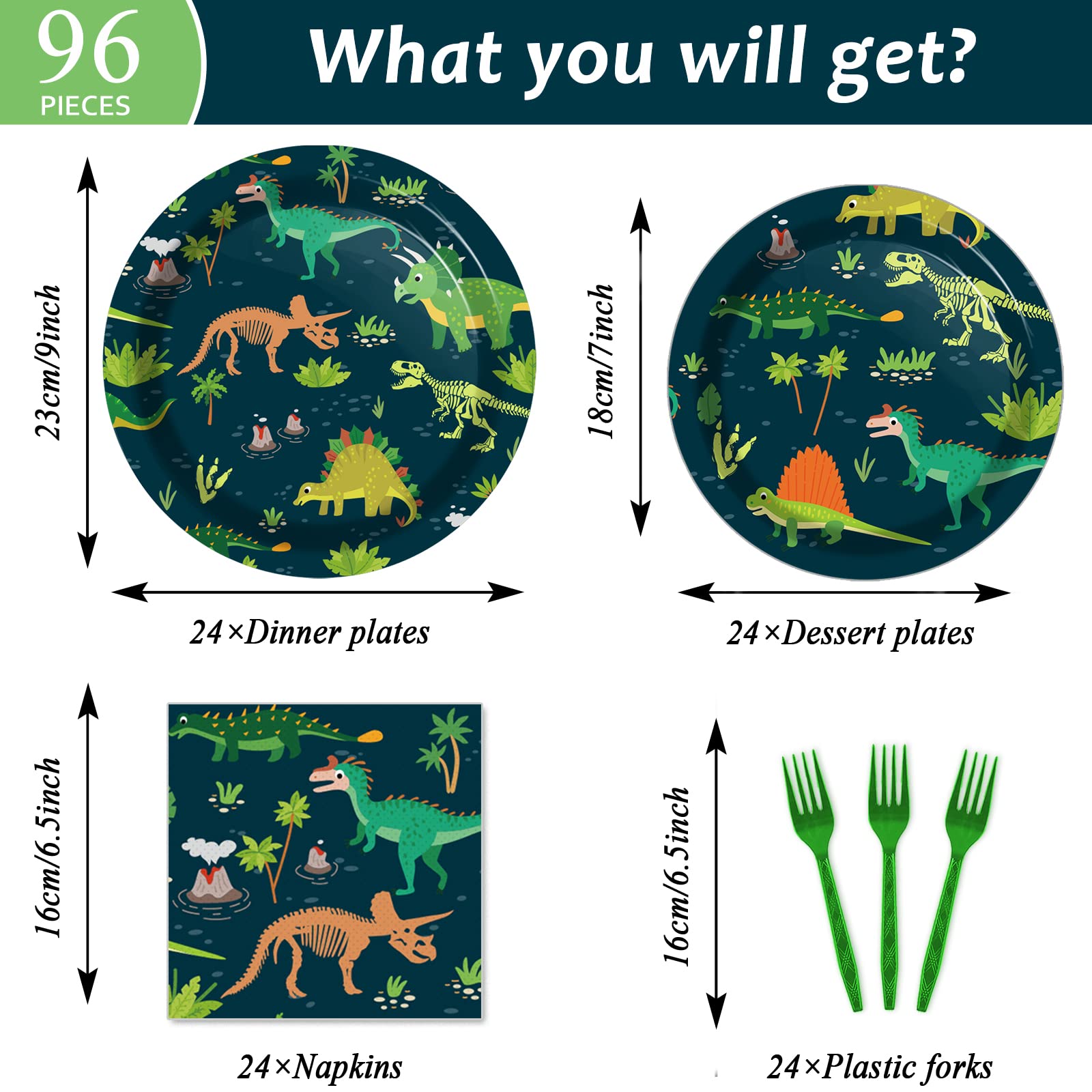 96-Piece Dinosaur Tableware Set - Disposable Dinosaur Plates, Forks & Napkins for Kids Birthday Party - Dino Theme Dinnerware for Boys Shower Decorations - Perfect for Jurassic World Themed Parties & Events (Serves 24 Guests)