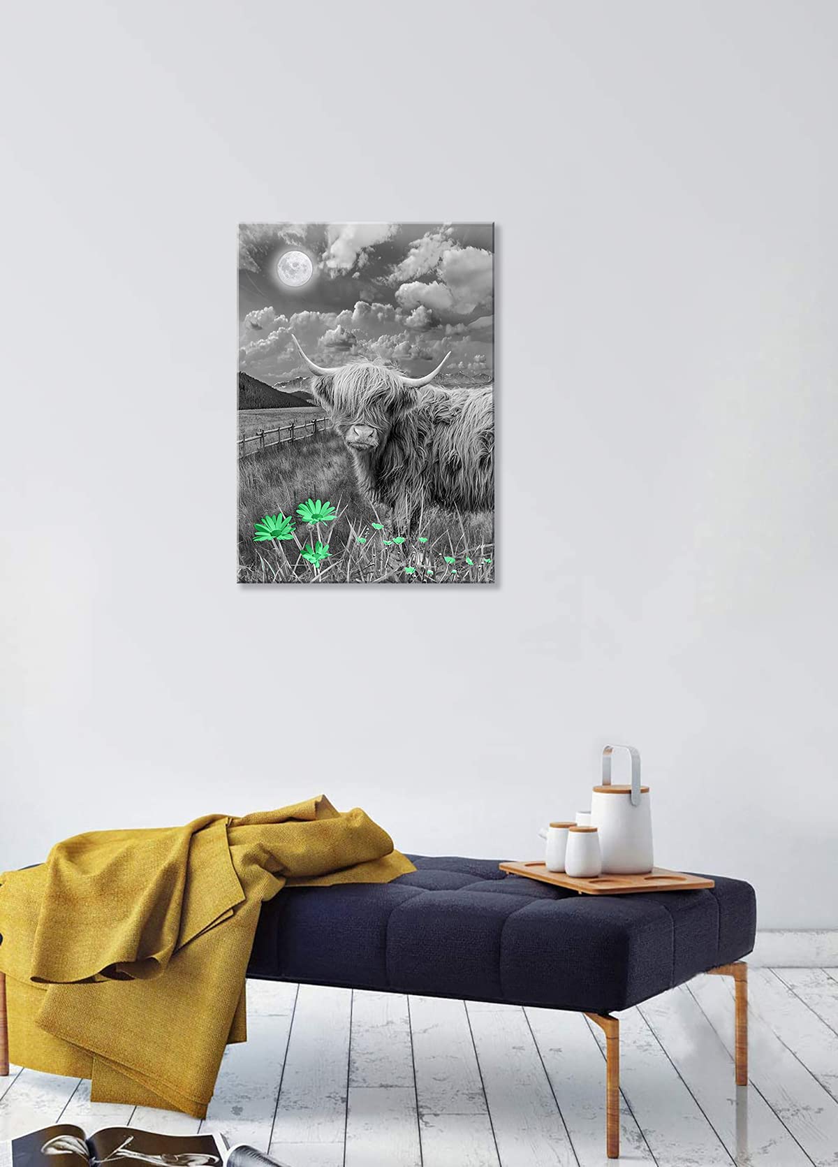 Highland Cow Wall Art - Rustic Canvas Print for Bathroom & Bedroom Decor - Green Cow Pictures 20x28 Inches - Farmhouse Style Home Decor for Living Room, Office & Gifts