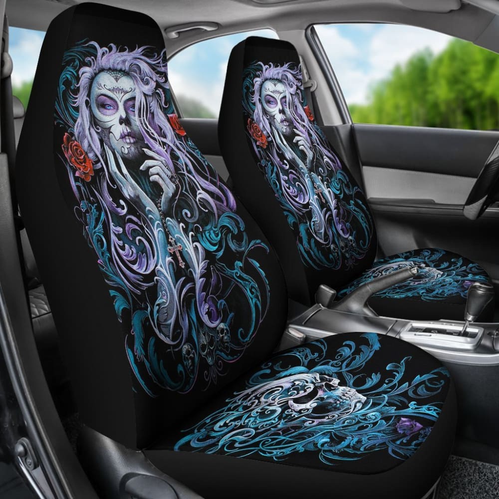 2 Pcs Sugar Skull Girl Car Seat Covers - Gothic Mexican Day of the Dead Design, Universal Fit for Cars, Trucks & SUVs - Perfect for Halloween Decorations, Dia de Los Muertos Celebrations & Themed Car Accessories