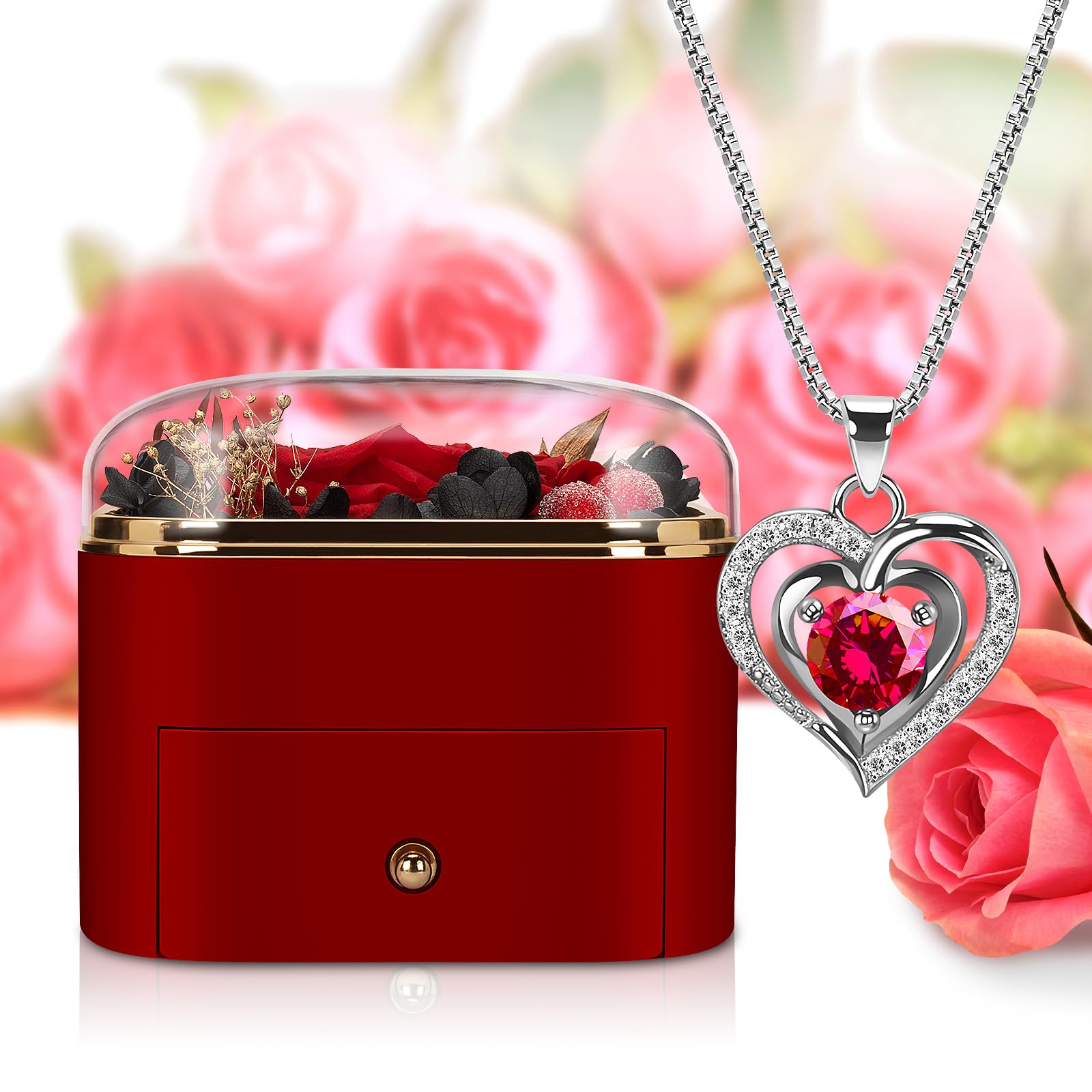 LURLIN Preserved Rose Gift Box with Necklace - Eternal Roses for Women, Mom, Grandma, Wife, Friend, Teacher & Nurse - Perfect Birthday, Anniversary & Special Occasion Gift for Her - Elegant Home & Office Decor