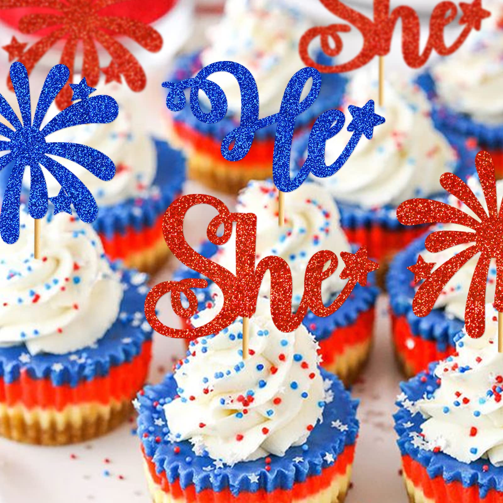 4th of July Gender Reveal Cupcake Toppers - Patriotic Red White Blue Cupcake Decorations for Baby Shower, Independence Day Party & Gender Reveal Celebration - Set of 24