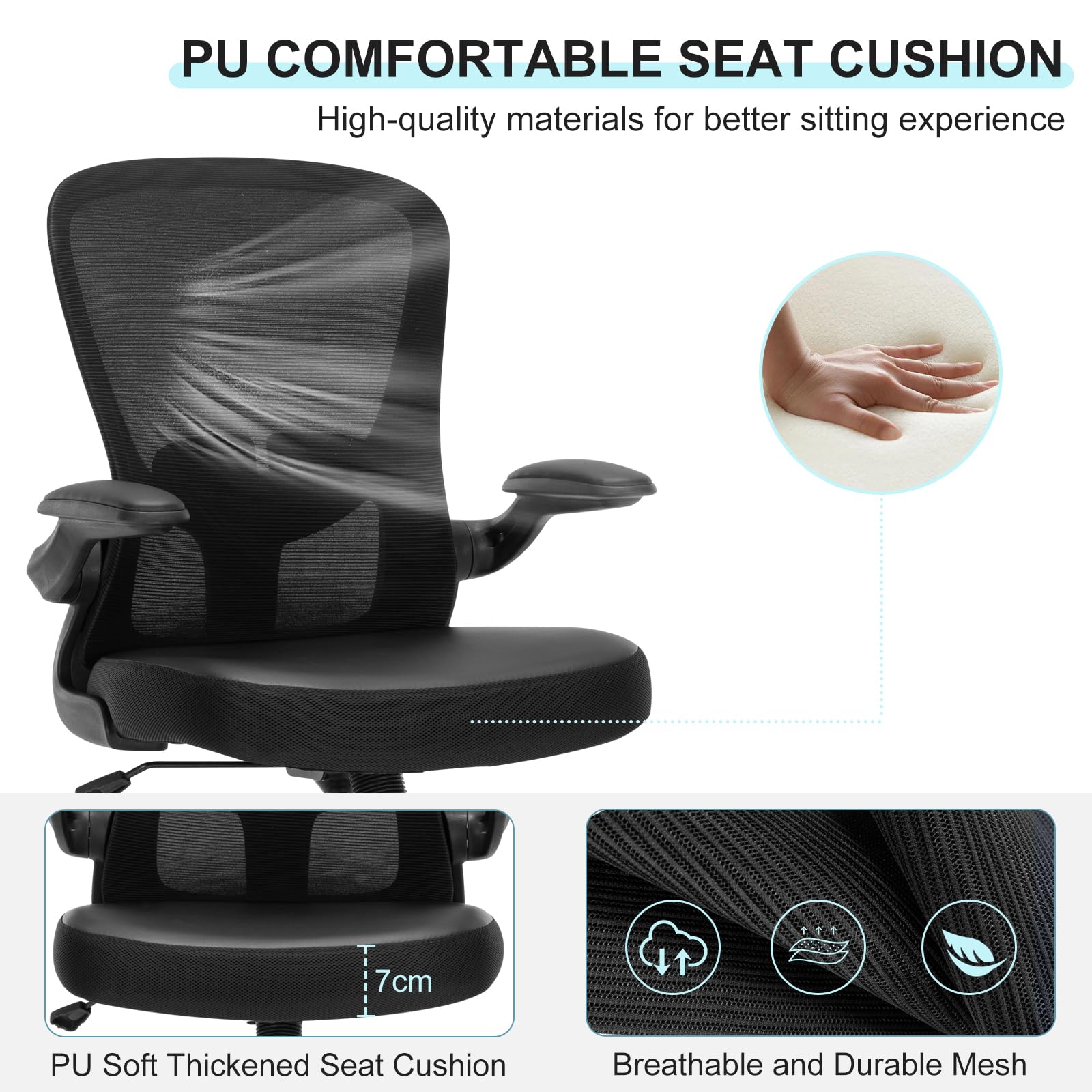 Ergonomic Office Chair with Flip-Up Armrests & Lumbar Support - PU Leather Executive Desk Chair, Mesh Back Swivel Task Chair for Home Office - Black (Perfect for Long Work Hours & Gaming)