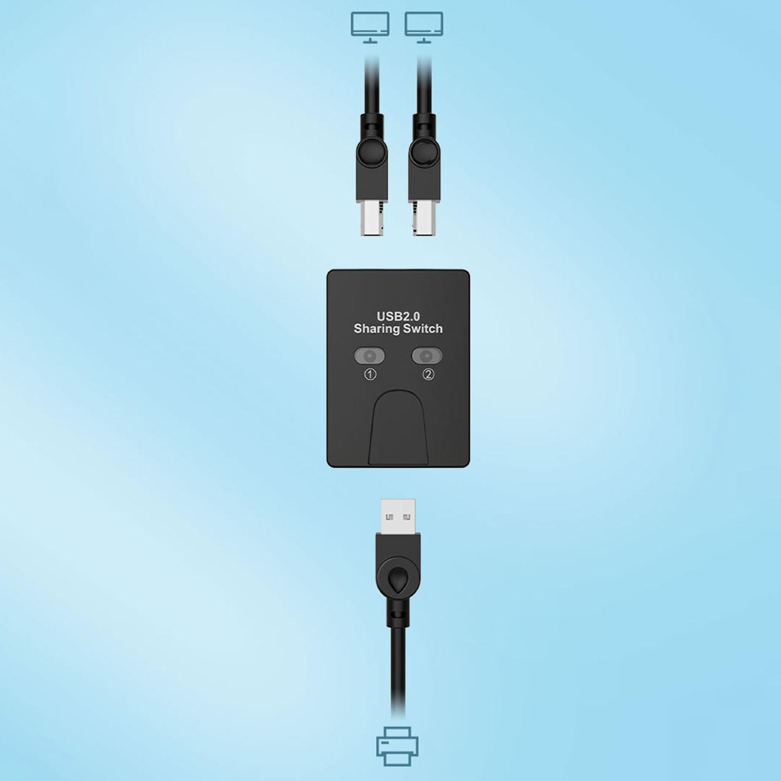 2-Port USB 2.0 Printer Sharing Hub - Compact USB Switch Box for Multiple Computers, Space-Saving Device Sharing Solution (Black, 2.95x2.17x0.98 inch) - Ideal for Home Office, Small Business & Multi-PC Workstations