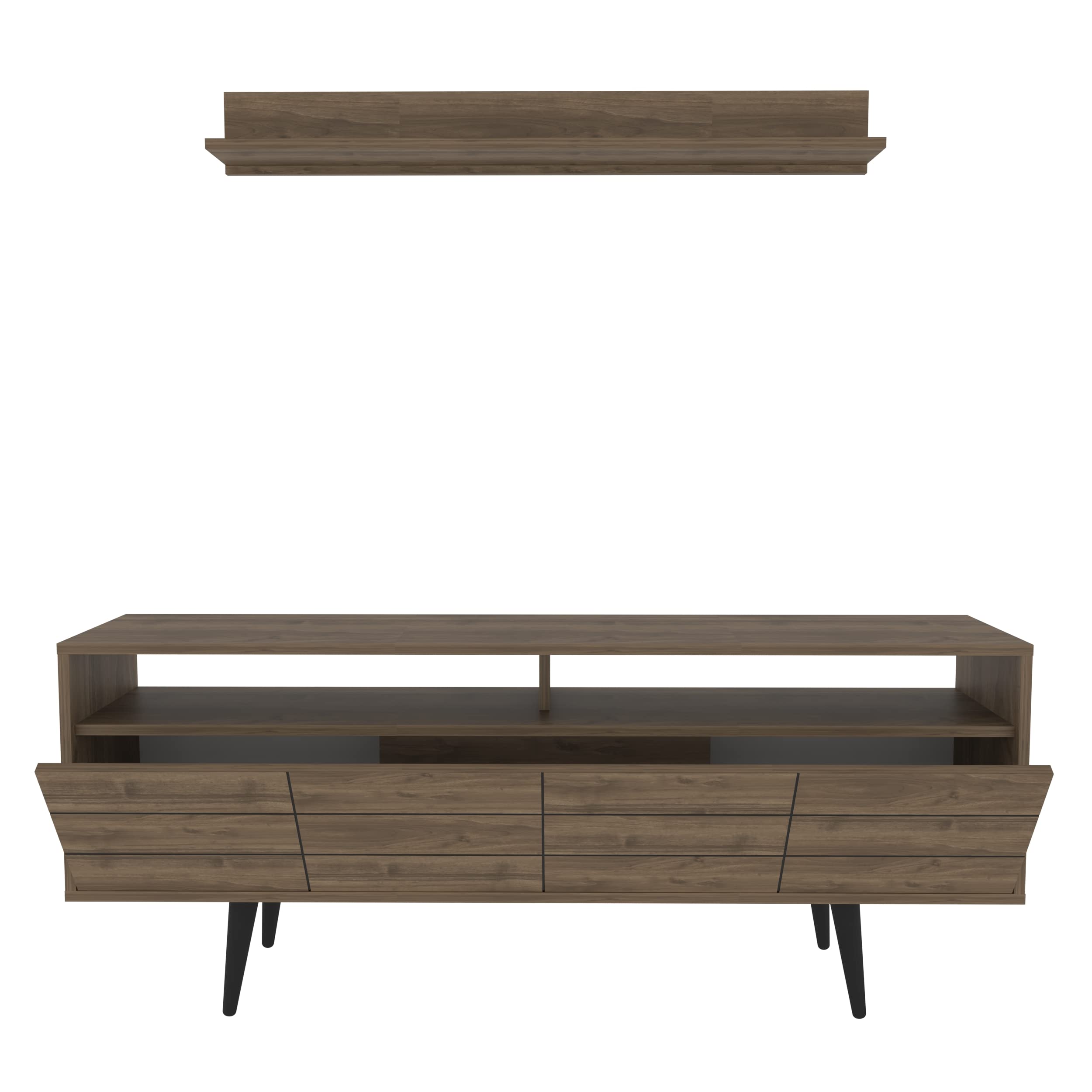 Decorotika Ola 72 Inch TV Stand with Wall Shelf - Modern Walnut Entertainment Center with 2 Storage Shelves & 2 Cabinets - Perfect for Living Room, Home Theater & Apartment Decor