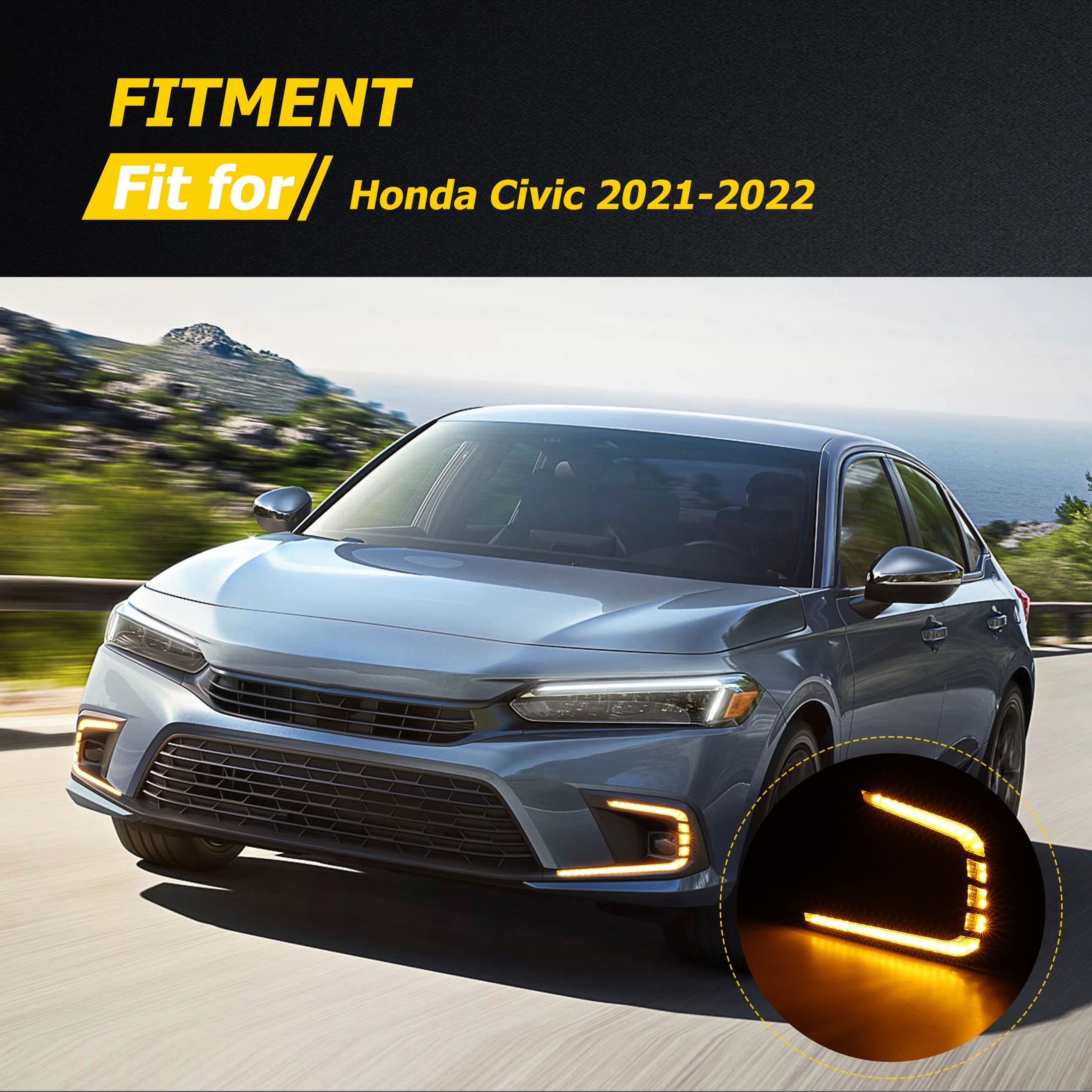 AUXMART LED Daytime Running Lights (DRL) for Honda Civic 2021-2022 - Tri-Color Fog Lights with Turn Signal Function, Bezel & Wiring Harness | Upgrade Your Civic's Style & Safety for Day/Night Driving