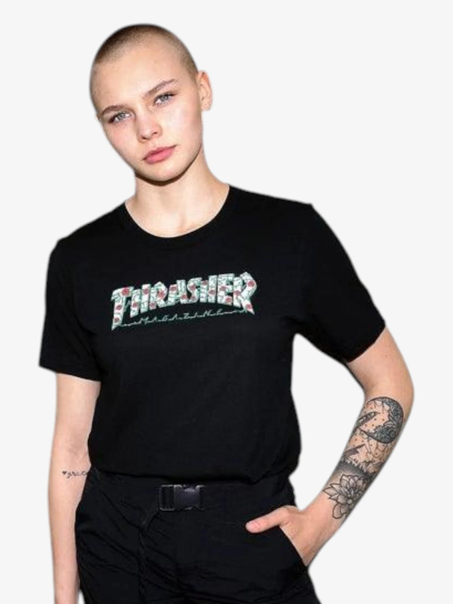 Thrasher Roses Women's T-Shirt - Black & White Graphic Tee for Skateboarding, Streetwear & Casual Outfits