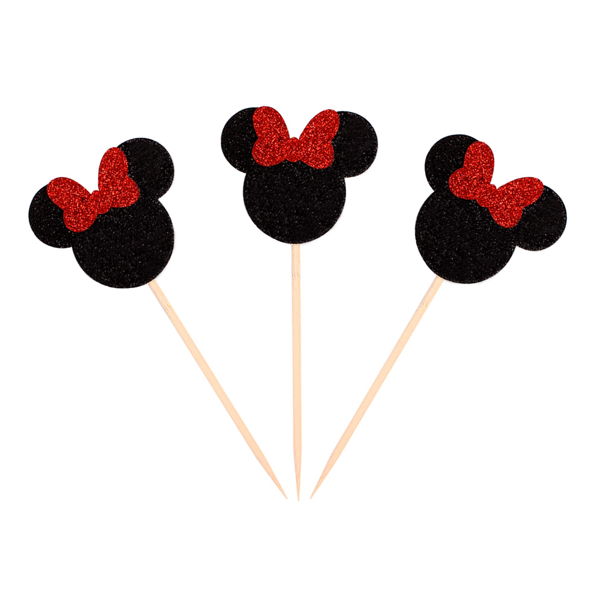 Ercadio Mouse Inspired Cupcake Toppers with Red Bow - Black Glitter Cupcake Picks Decorations (24 PCS) for Baby Shower, Kids Birthday Party, Girls Celebration - Perfect for Dessert Decor, Baking Supplies, and Themed Events