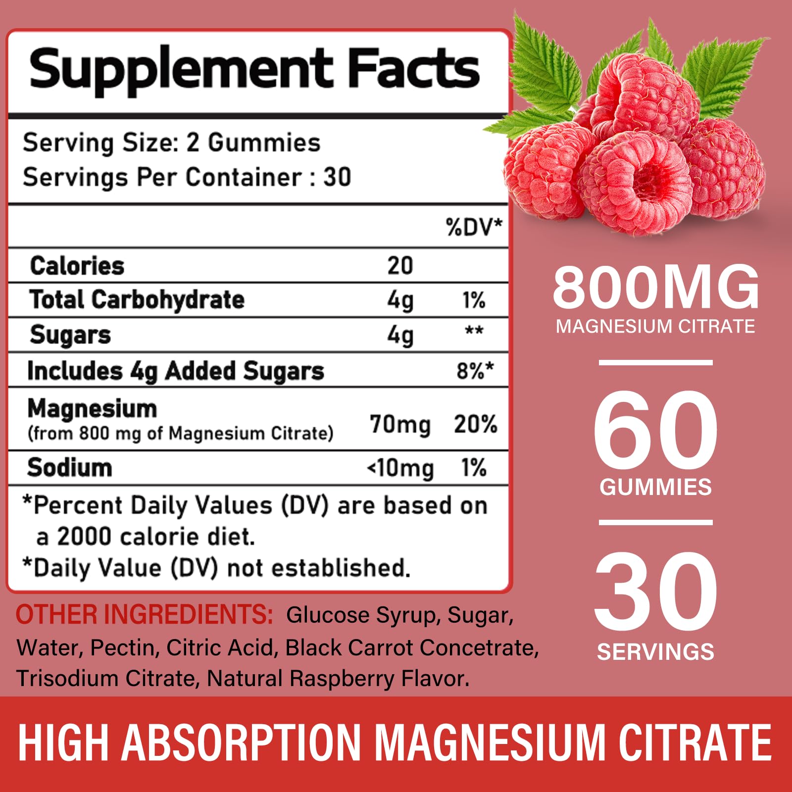 Magnesium Citrate Gummies for Adults - High Absorption Vegan & Non-GMO Supplement (60 Raspberry Gummies) - Supports Muscle Relaxation, Sleep & Stress Relief - Perfect for Active Lifestyles & Nighttime Routine