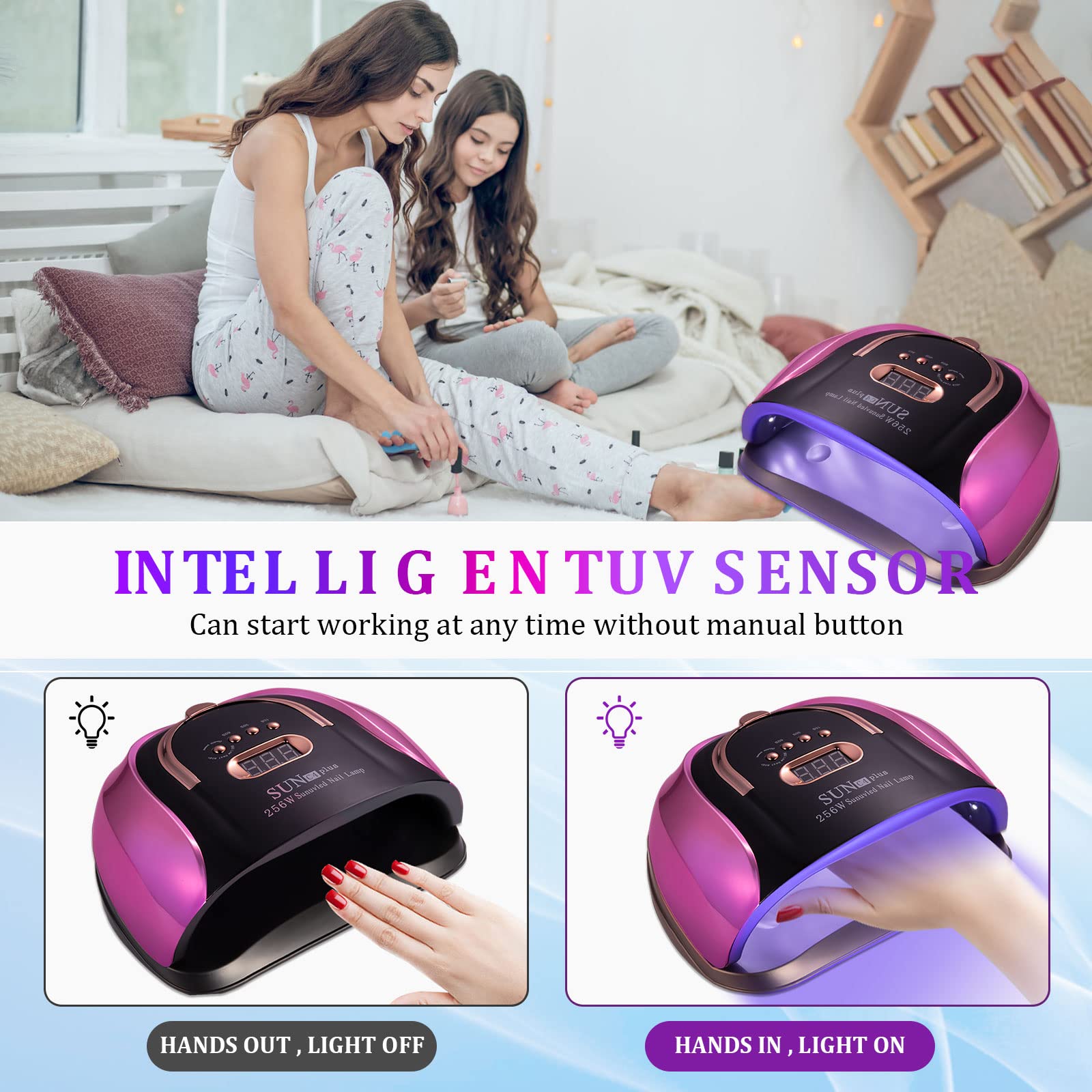 Professional 256W UV LED Nail Lamp with Auto Sensor - 4 Timer Settings for Gel Polish Curing, Salon-Quality Manicure & Pedicure Light (Includes 9 Free Accessories) - Perfect for Home Nail Care & Professional Salons