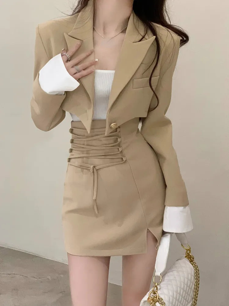2 Piece Women's Casual Y2K Outfit Set - Crop Top & Elegant Blazer Jacket with Mini Skirt | Korean Fashion Suits for Autumn | Office Wear, Date Night, Fall Outfits