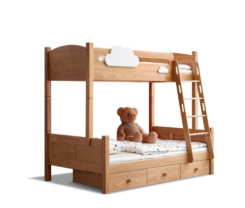Solid Oak Wood Multi-Functional Bunk Bed with Ladder & Guardrails - Space-Saving Kids Bedroom Furniture for Siblings or Sleepovers