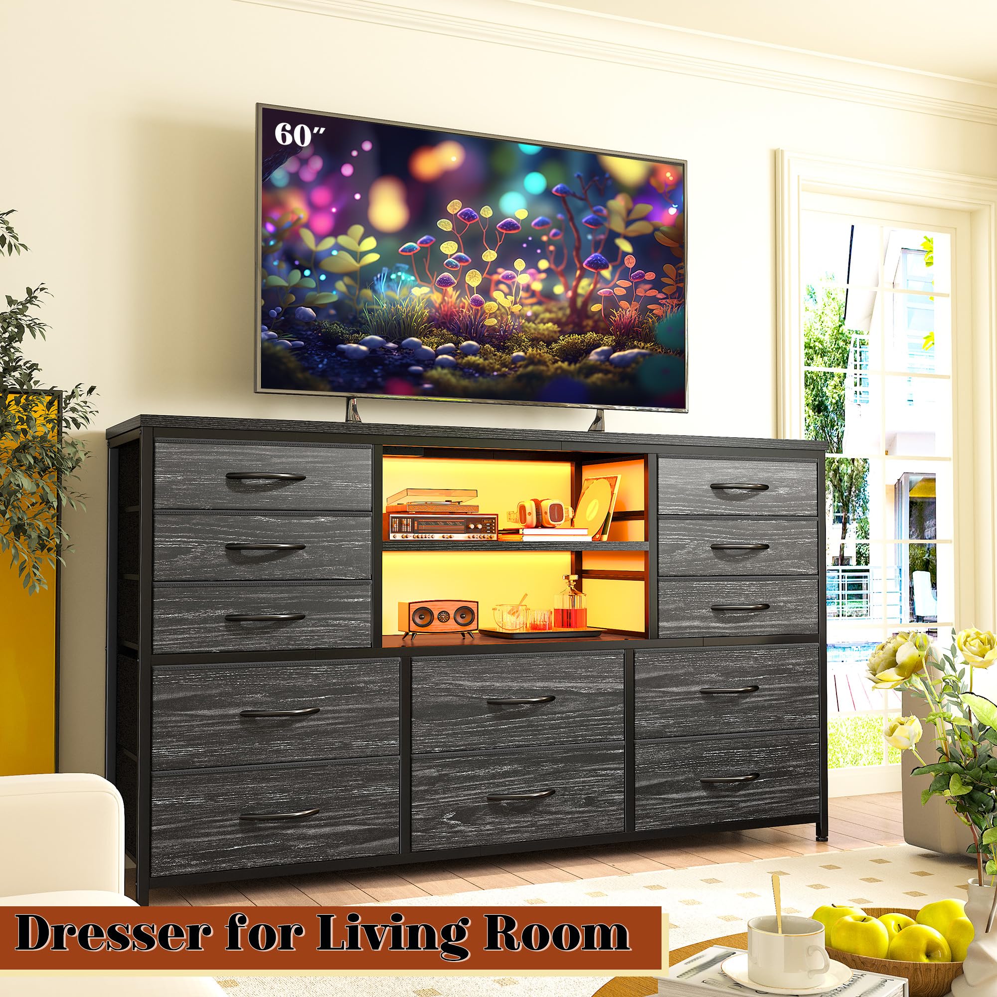 EnHomee 12-Drawer Black Dresser with LED Lights & Power Outlets - Sturdy Metal Frame TV Stand for 60'' TV, Fabric Dresser for Bedroom, Living Room, Hallway & Closet - Perfect for Home Organization & Entertainment Setup