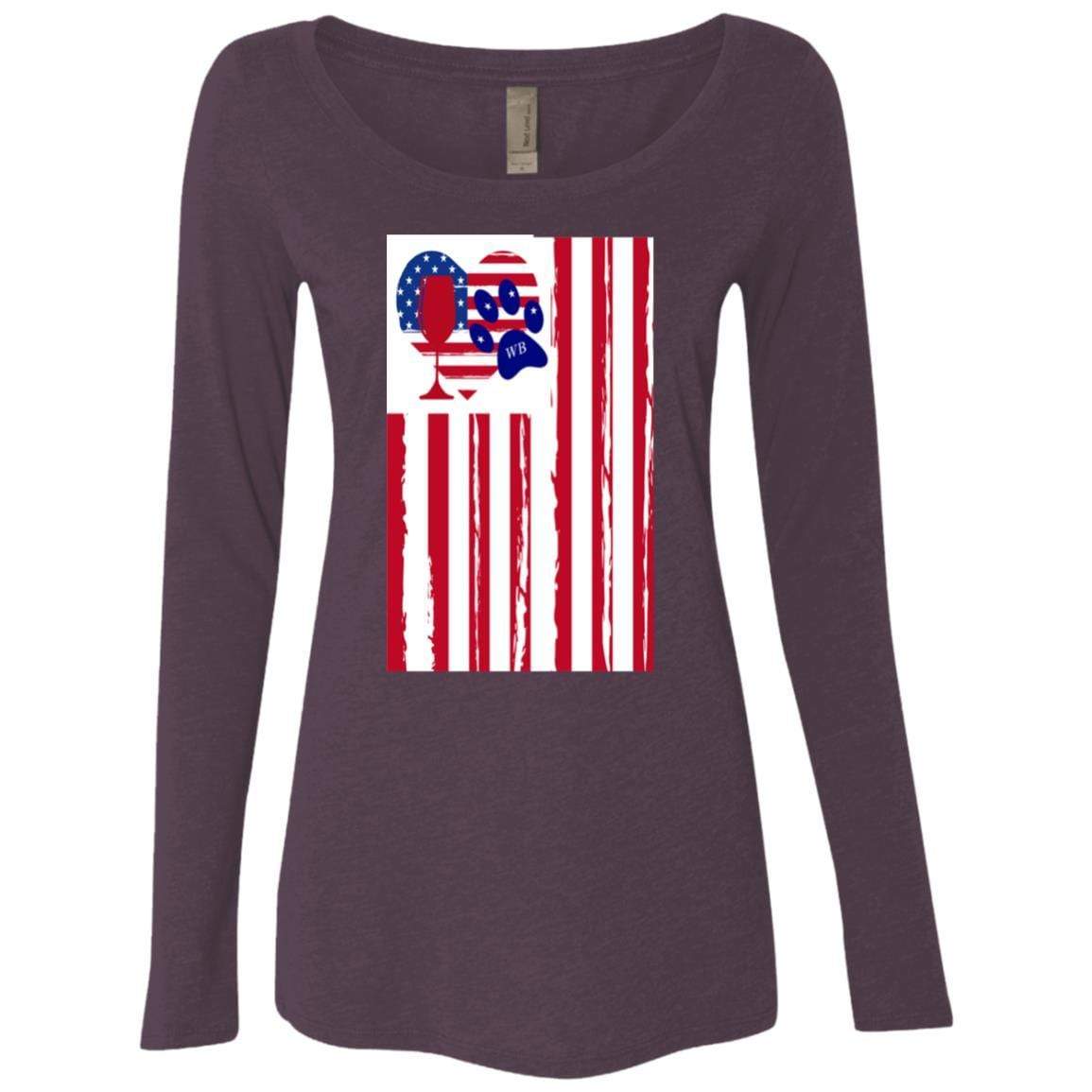 American Flag Wine Glass - Patriotic Heart Paw Print Design for Women | Long Sleeve Scoop Neck Triblend Shirt | Perfect for 4th of July, Memorial Day & Girls Night Out