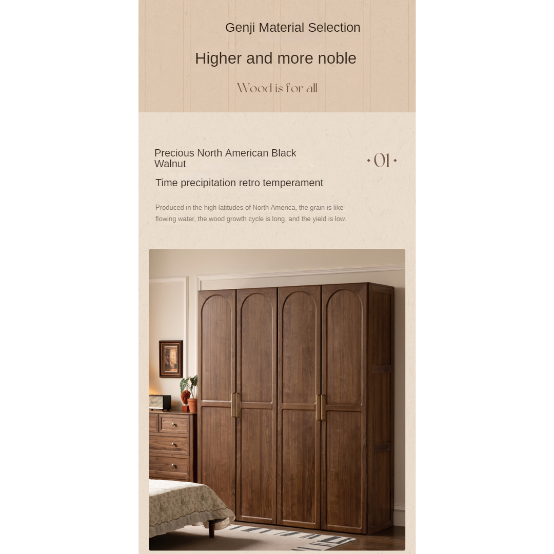 Vintage French Style Black Walnut Solid Wood Wardrobe - Classic Retro Closet for Bedroom & Living Room Storage