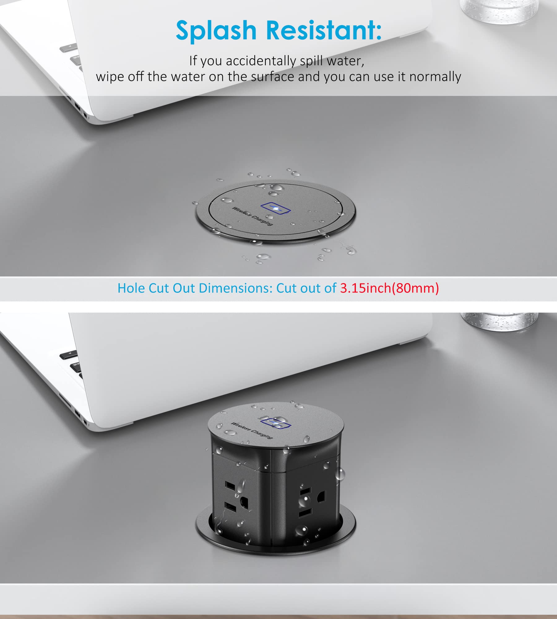 **15W Wireless Charger Pop-Up Outlet with 4 Outlets & Splash-Resistant Design – Space-Saving Power Grommet for Kitchen Countertops, Office Desks & Conference Tables (Black) – Perfect for Home, Office & Commercial Use**