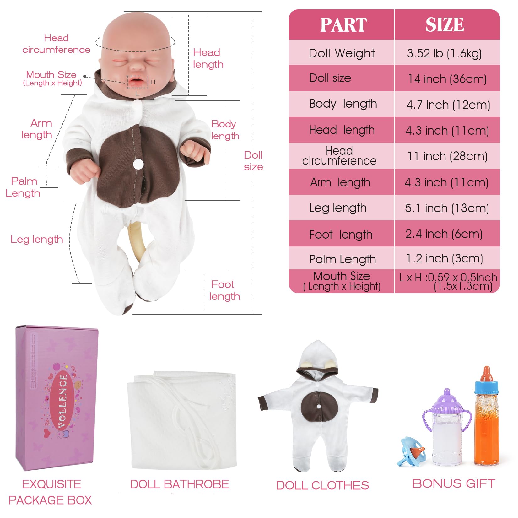 Vollence 14 Inch Full Silicone Baby Doll - Realistic Sleeping Girl Doll with Pacifier, Soft & Safe for Kids | Perfect for Pretend Play, Nursery Decor, and Gift Giving