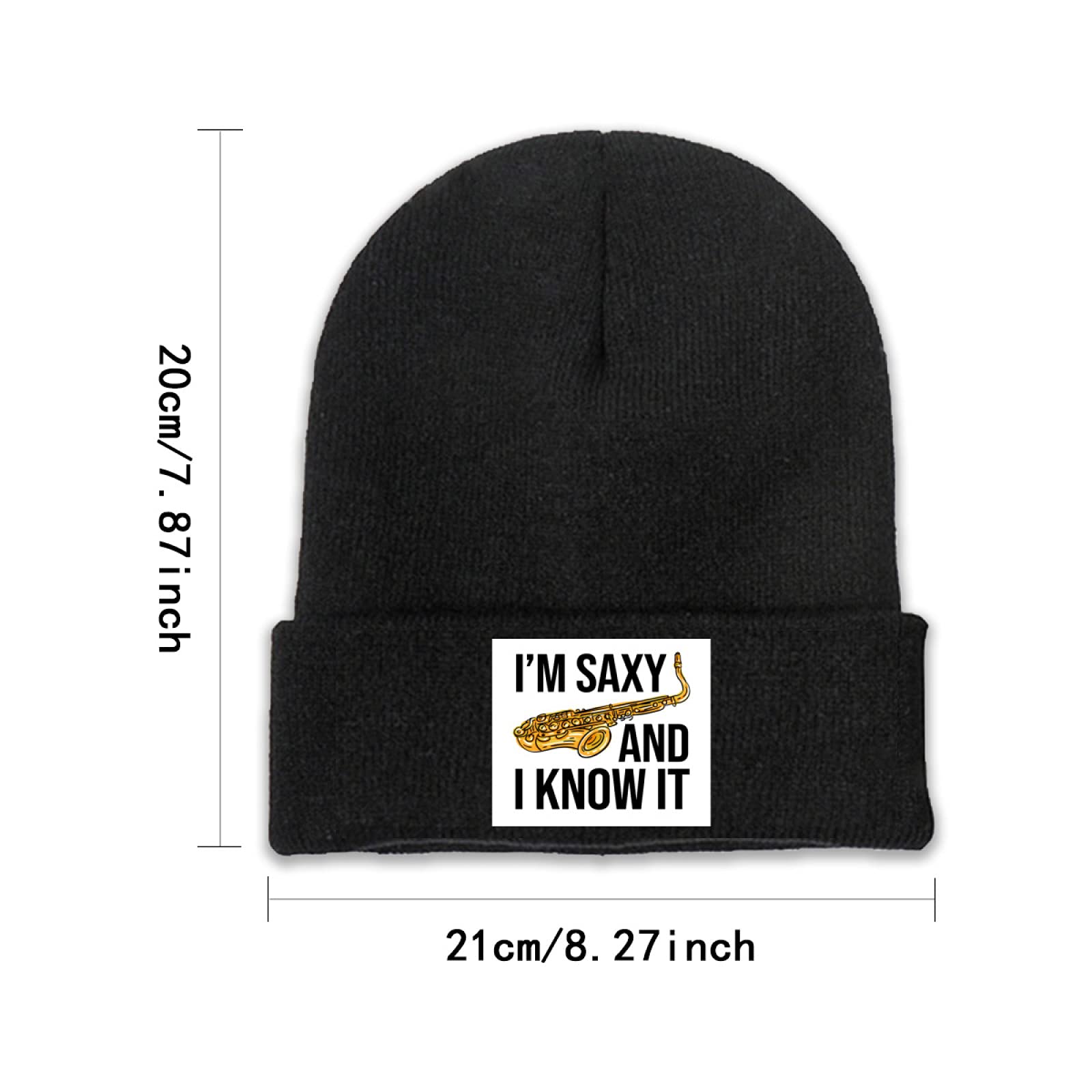 Funny Saxophone 'I'm Saxy and I Know It' Beanie - Unisex Knit Skull Cap for Men, Women & Kids - Black Cuffed Winter Hat for Music Lovers & Jazz Fans - Perfect for Concerts, Gifts & Cold Weather