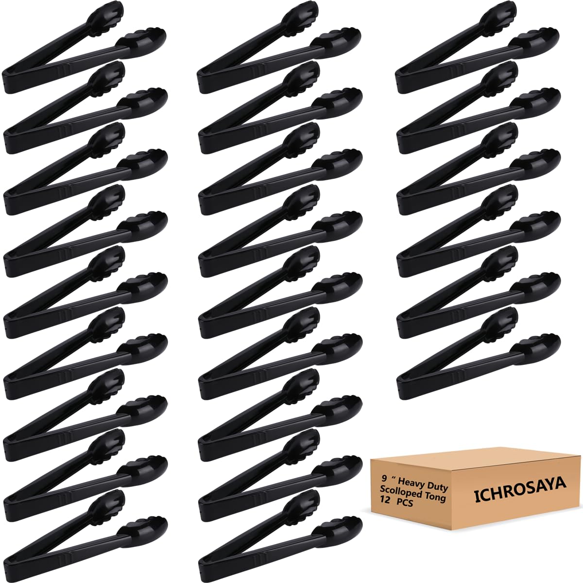 Heavy Duty 9-Inch Plastic Tongs for Kitchen - 12-Piece Disposable Utensil Set with Scalloped Design - Food Safe Salad Serving Tongs - Perfect for Buffets, BBQ, Parties & Outdoor Dining (Black)