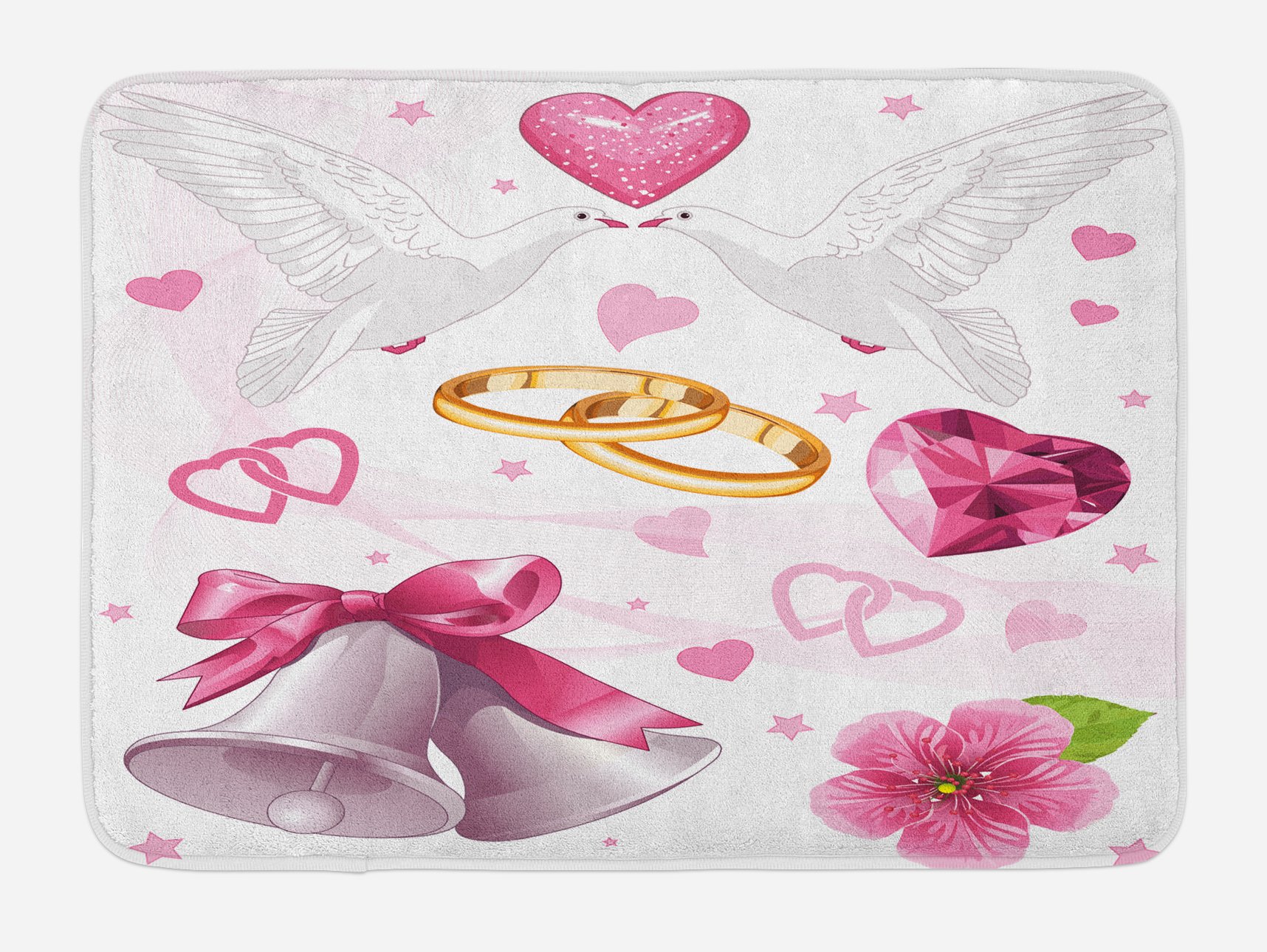 Ambesonne Plush Wedding Bath Mat - Non-Slip Bathroom Rug with Hearts, Rings & Birds Design, 30.2x20 Inches, Pink White Orange - Perfect for Bridal Showers, Anniversary Gifts & Romantic Home Decor
