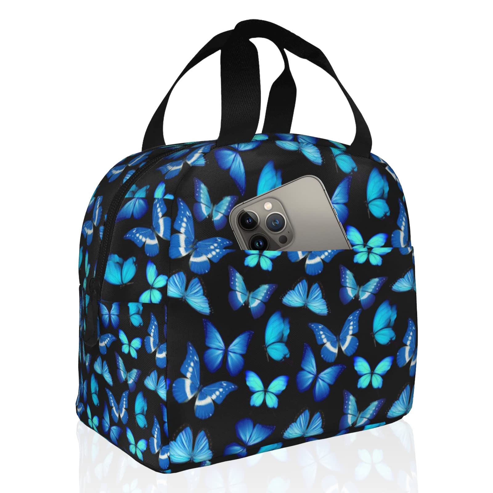 Insulated Black Lunch Bag for Women - Cute Blue Butterfly Print Thermal Cooler Tote, Waterproof & Reusable with Large Pocket | Perfect for Work, Office, College, Picnic & Outdoor Activities