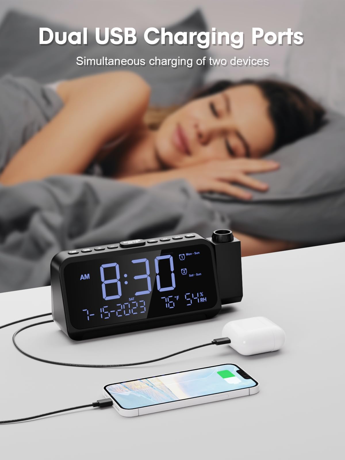 ROCAM Digital Projection Alarm Clock with 180° Ceiling/Wall Display - Dual Alarm, Temperature & Humidity Sensor, 2 USB Ports, Adjustable Brightness for Bedrooms | Perfect for Home, Office, Dorm Room with Weekday/Weekend Mode & Snooze Function