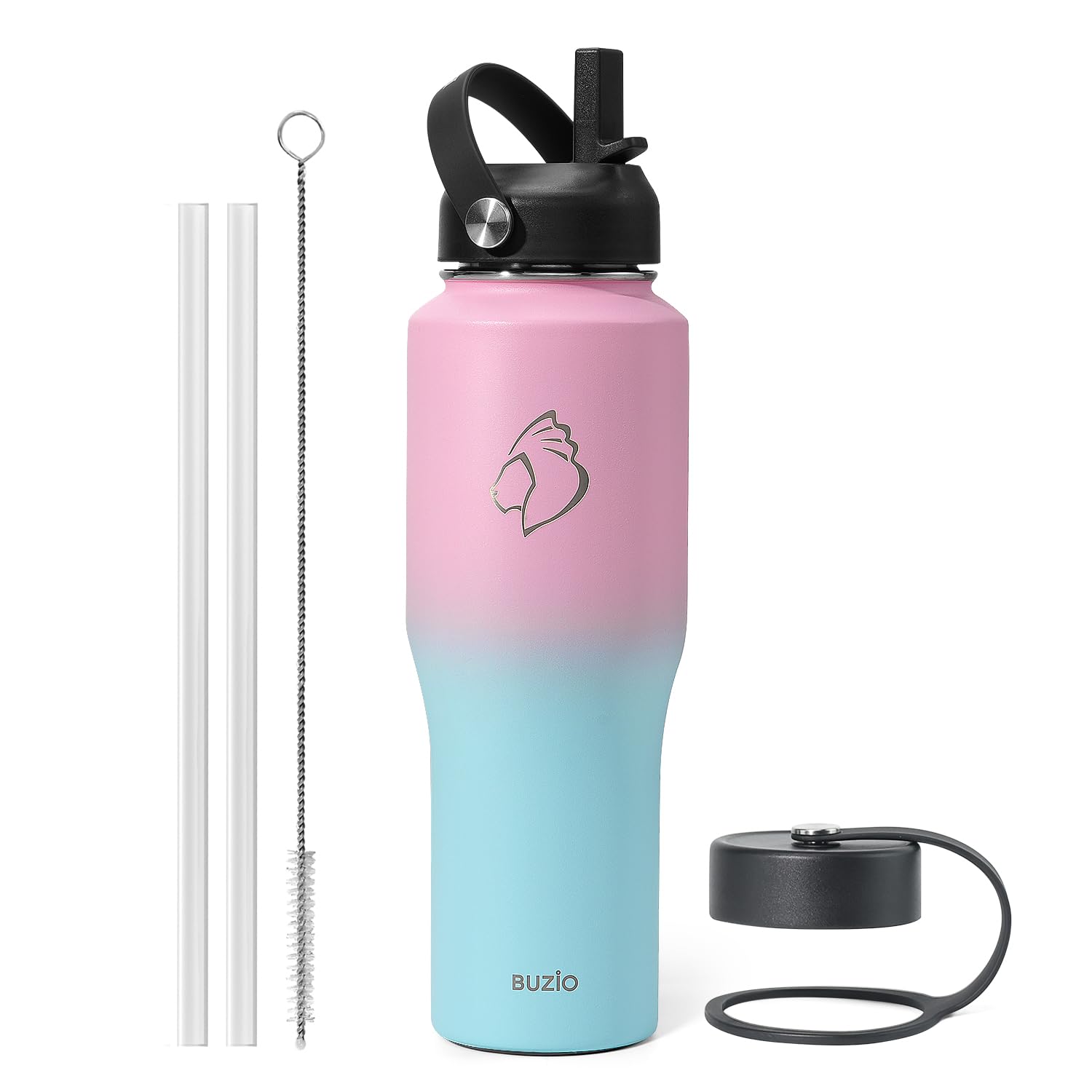 BUZIO 32oz Stainless Steel Vacuum Insulated Water Bottle - Keeps Drinks Cold 48 Hours & Hot 24 Hours - Leakproof Travel Tumbler with Straw Lid & Flex Cap - Fits Car Cup Holders - Bubble Gum Color - Perfect for Gym, Hiking, Office & Outdoor Activities