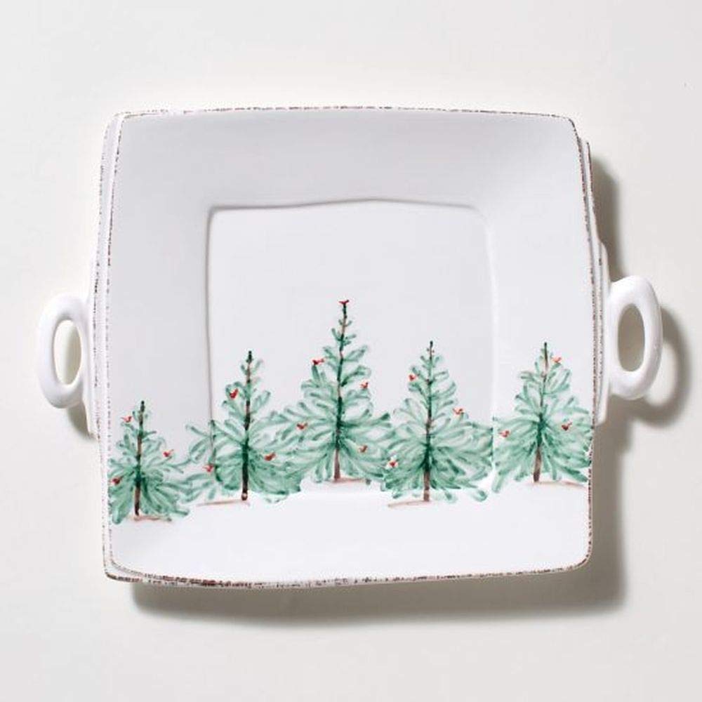 Vietri Lastra Holiday White and Green Handled Square Platter 16.25