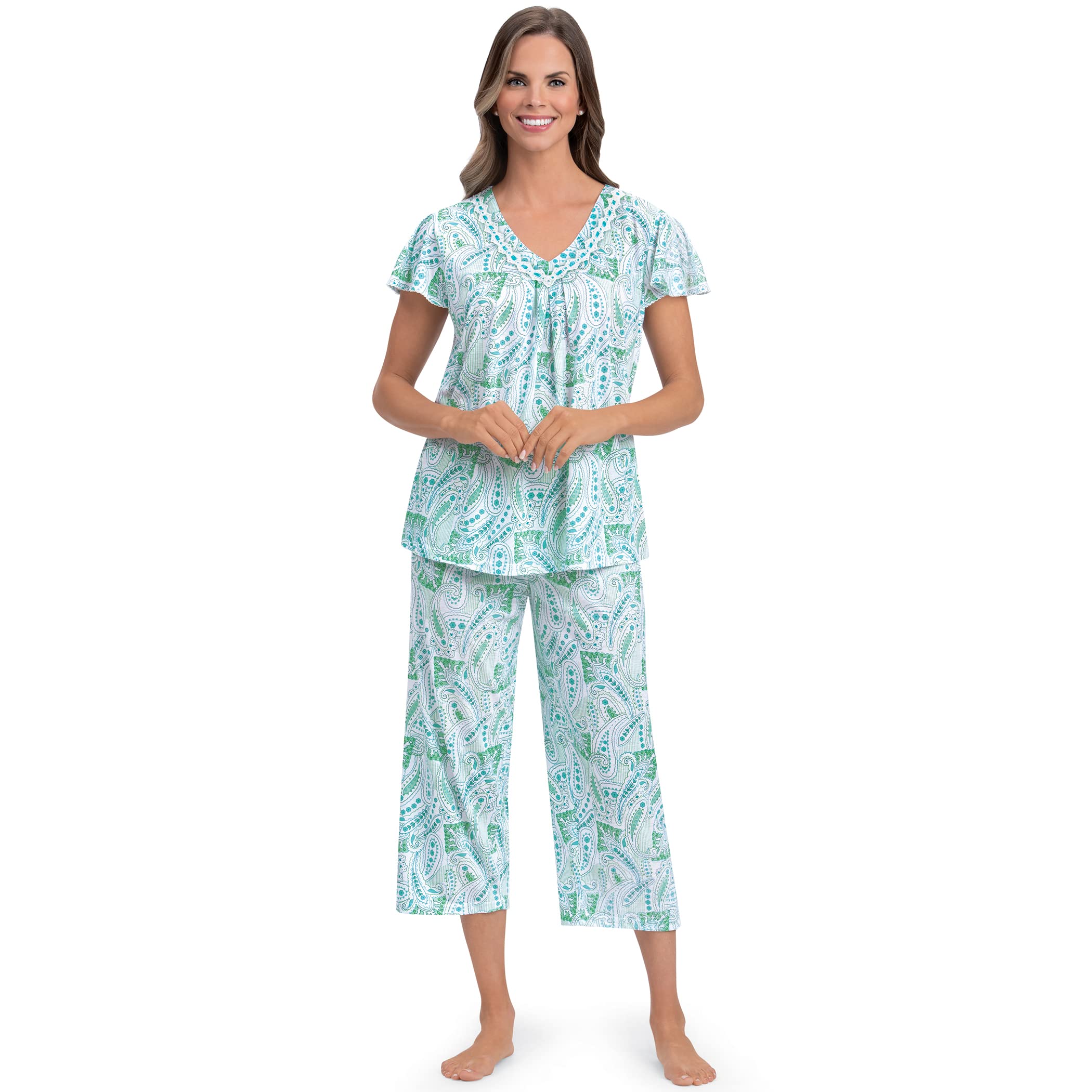 Pretty Paisley Print Crochet Lace Capri Pajama Set for Women - Comfortable Sleepwear & Lounge Outfit - Perfect for Bedtime, Relaxing at Home or Vacation