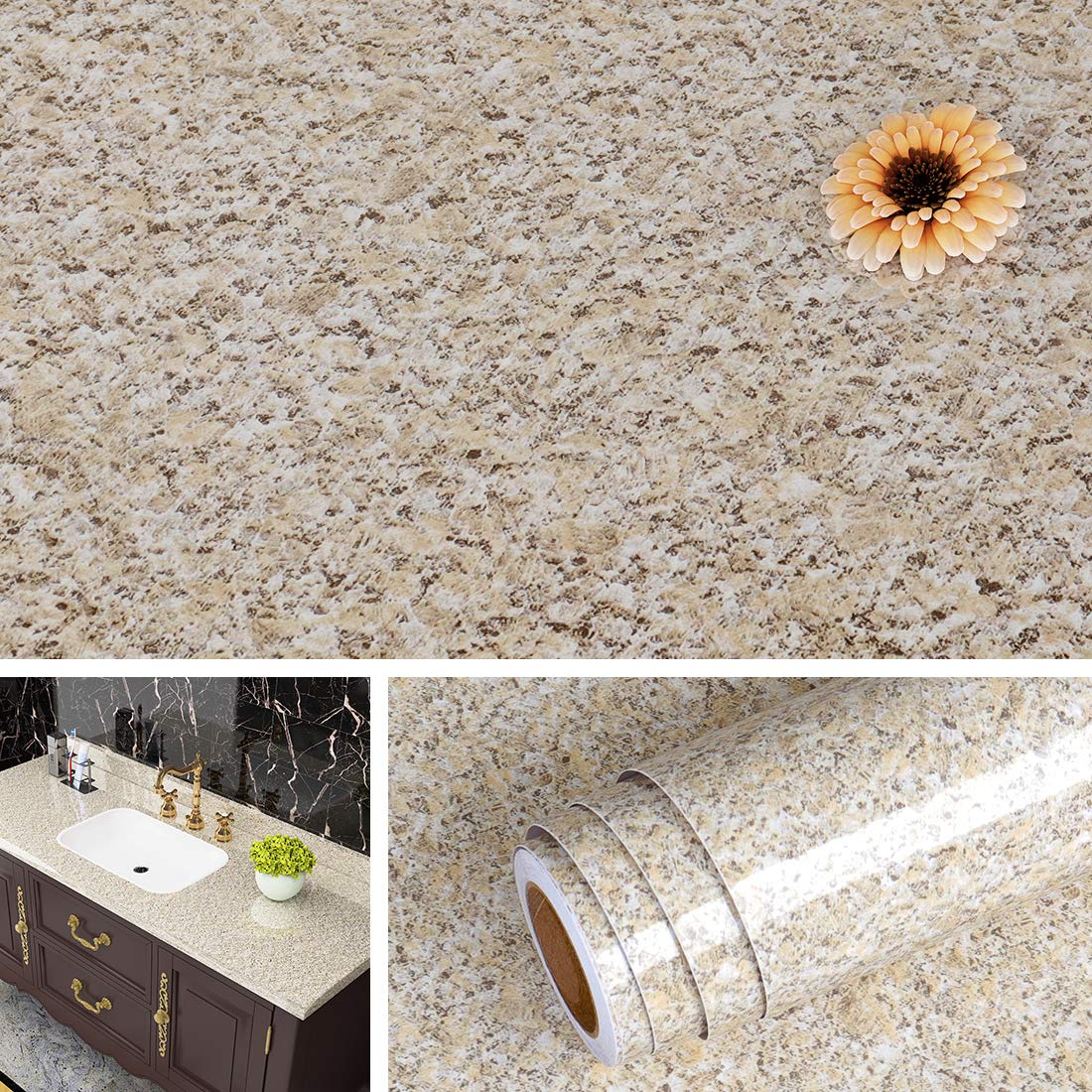 Livelynine 15.8 x 197 Inch Light Brown Granite Contact Paper - Waterproof Peel & Stick Vinyl Wrap for Countertops, Cabinets, Sink & Desk | Perfect for Kitchen, Bathroom & Office Renovation | Easy DIY Home Upgrade Solution