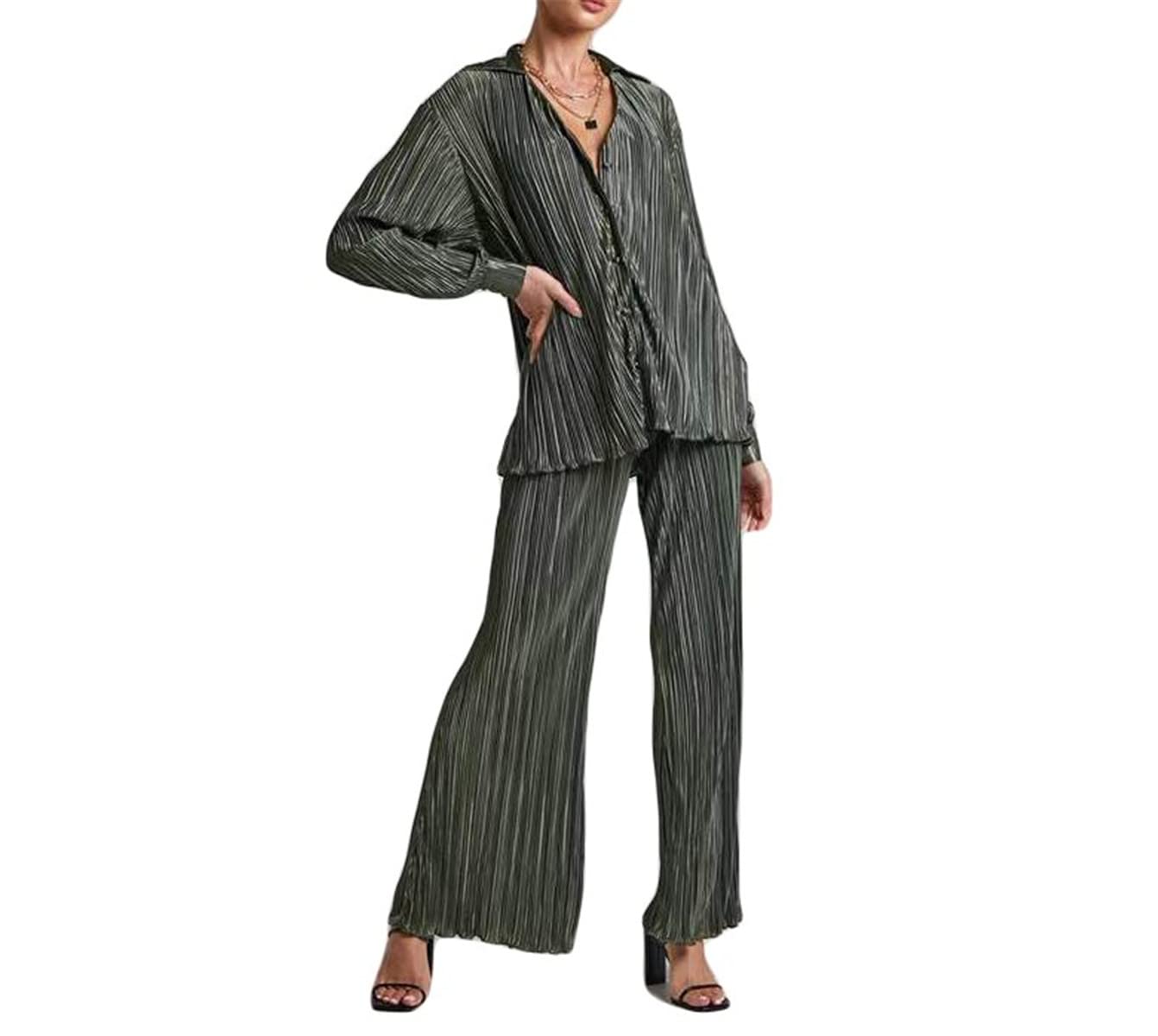 Women's 2-Piece Outfits - Oversized Button Down Shirt & High Waist Pleated Pants Set | Casual Streetwear for Work, Travel & Everyday Fashion