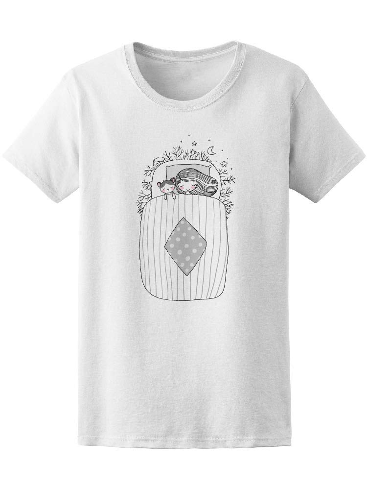 Smartprints Women's Sleeping Girl with Cat Graphic T-Shirt - Cute & Comfortable Casual Wear for Cat Lovers