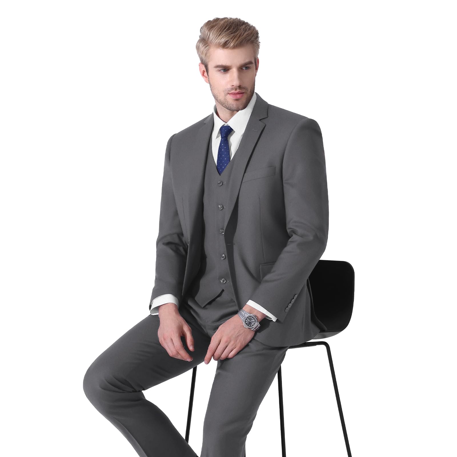 LUPURTY Men's 3-Piece Slim Fit Suit Set - Solid Color One Button Tuxedo with Jacket, Vest & Pants + Free Tie | Perfect for Weddings, Business Meetings & Formal Events